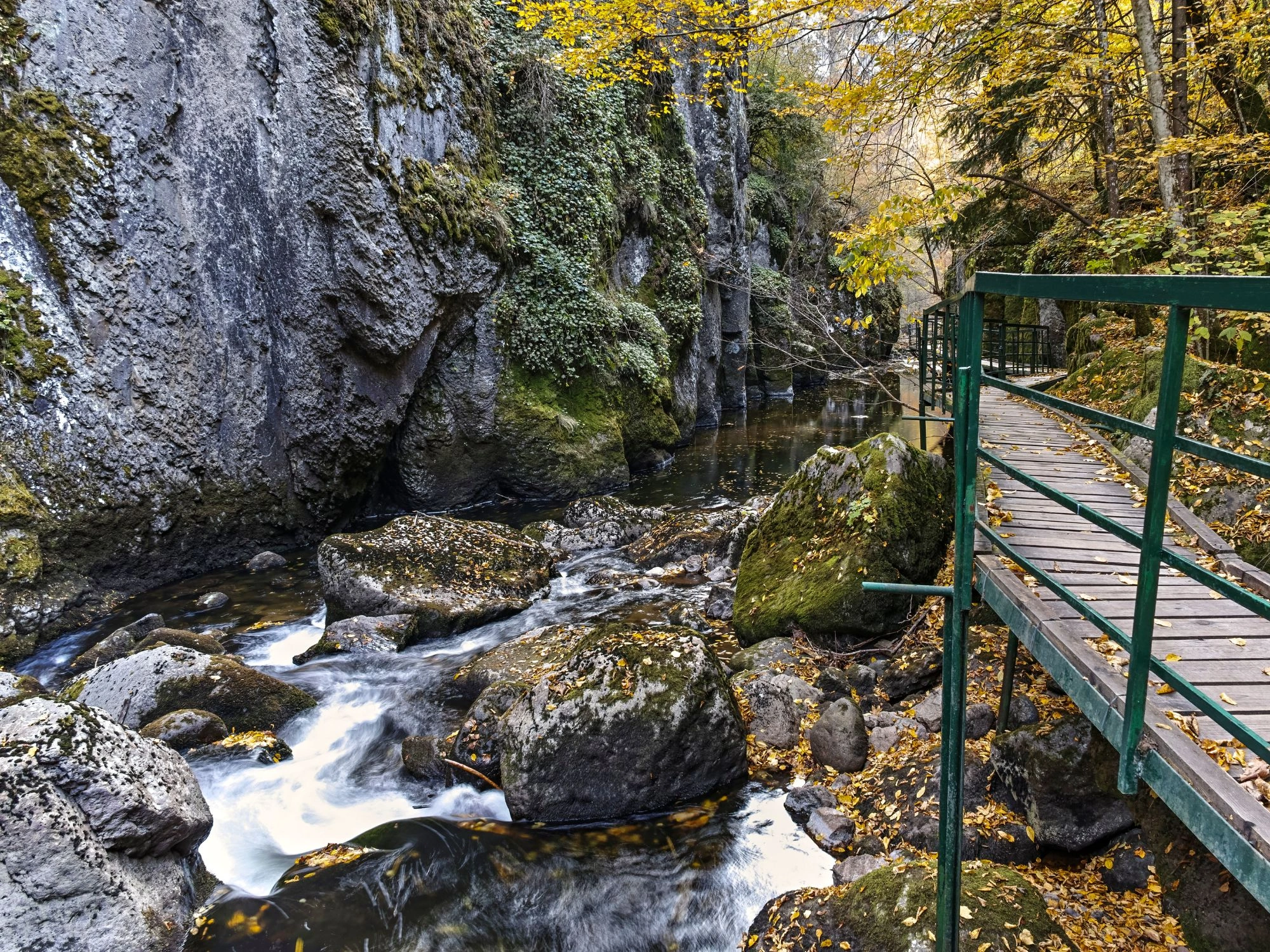 Wooden footbridge along the Devin Eco Path, surrounded by mossy rocks and autumn leaves in the Rhodope Mountains.