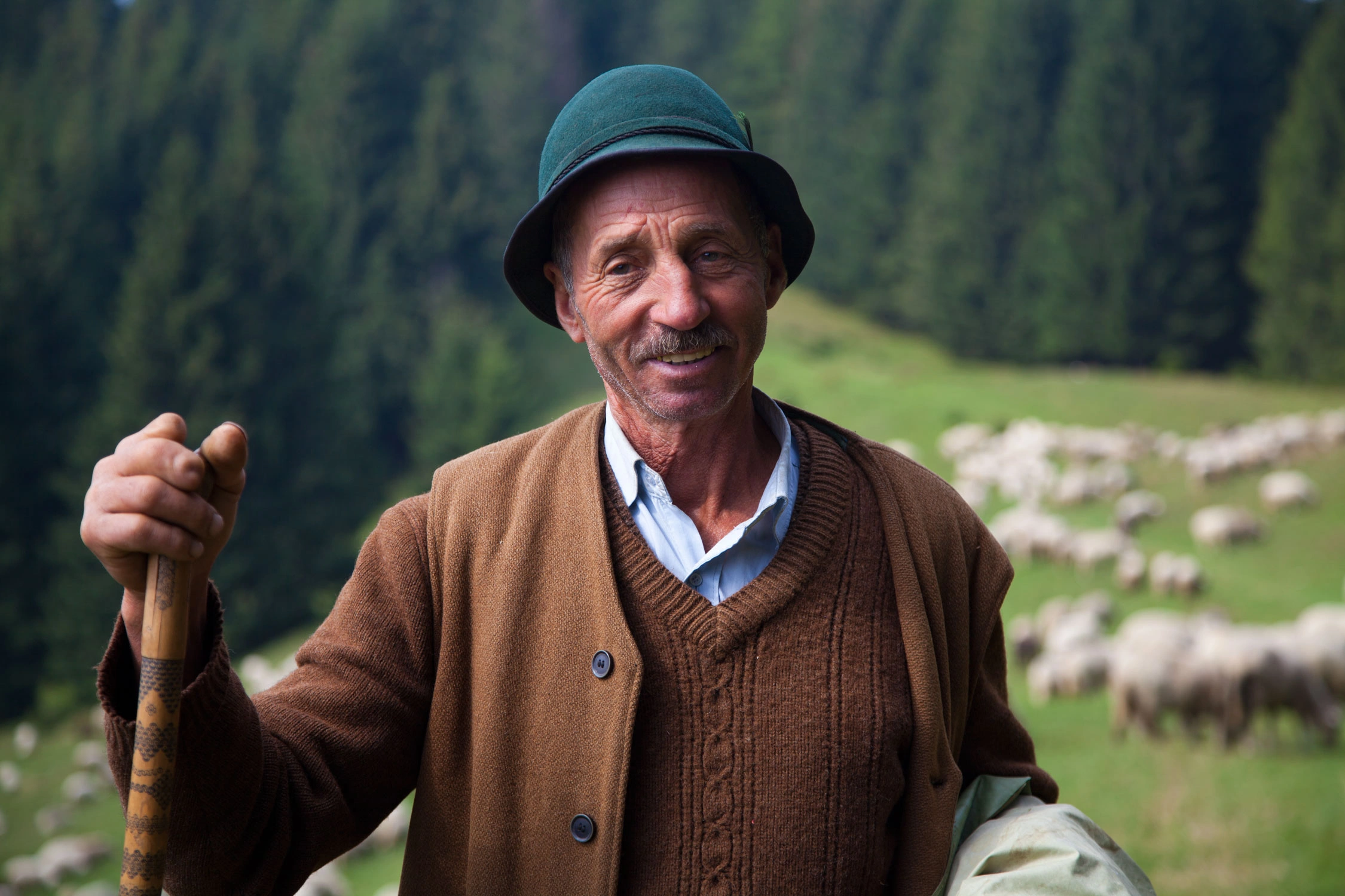 Smiling shepherd in a wool coat and green hat holds a wooden staff, with his flock grazing behind him in a mountain field.