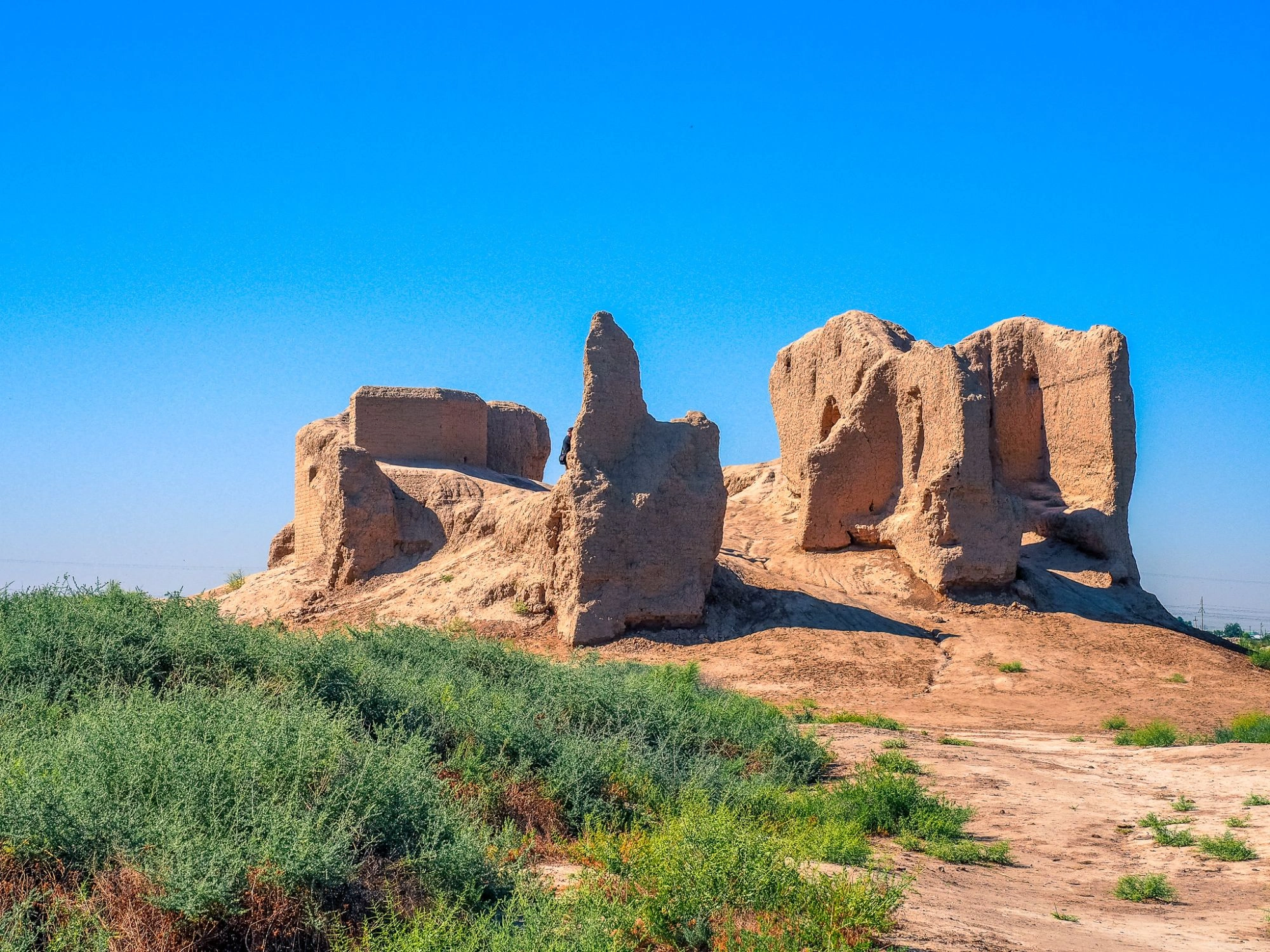 Remains of Kepderihana structure in Merv, Turkmenistan, with weathered walls and desert views.