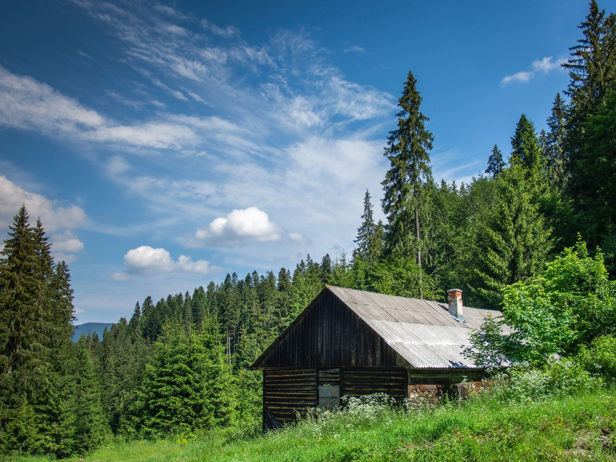 Rustic wooden house in a green meadow, surrounded by forested hills under a clear sky.