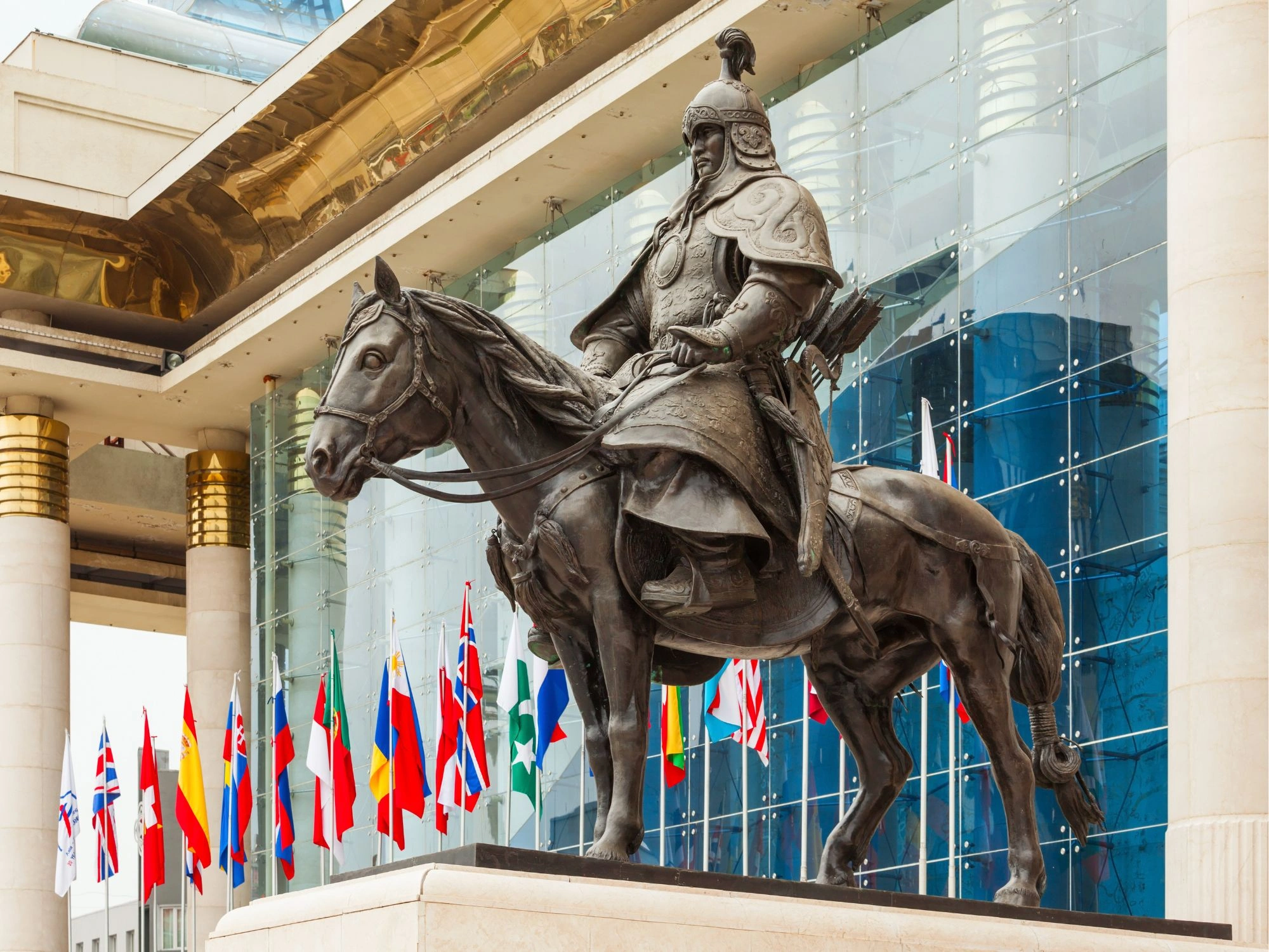 Chinggis Khan statue in front of Mongolia’s Parliament in Ulaanbaatar, a key site for cultural city tours.