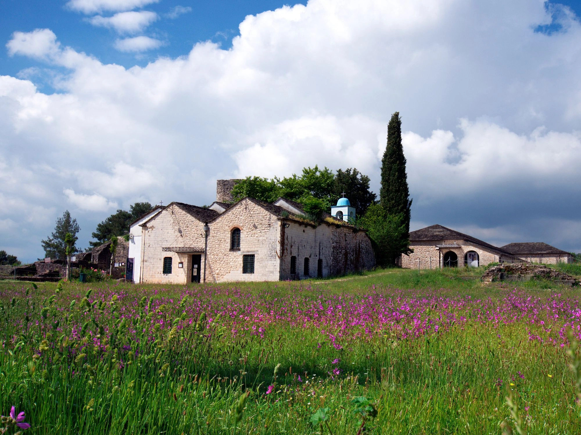 Historic stone building and church in a traditional Greek village surrounded by wildflowers in Epirus, Greece.