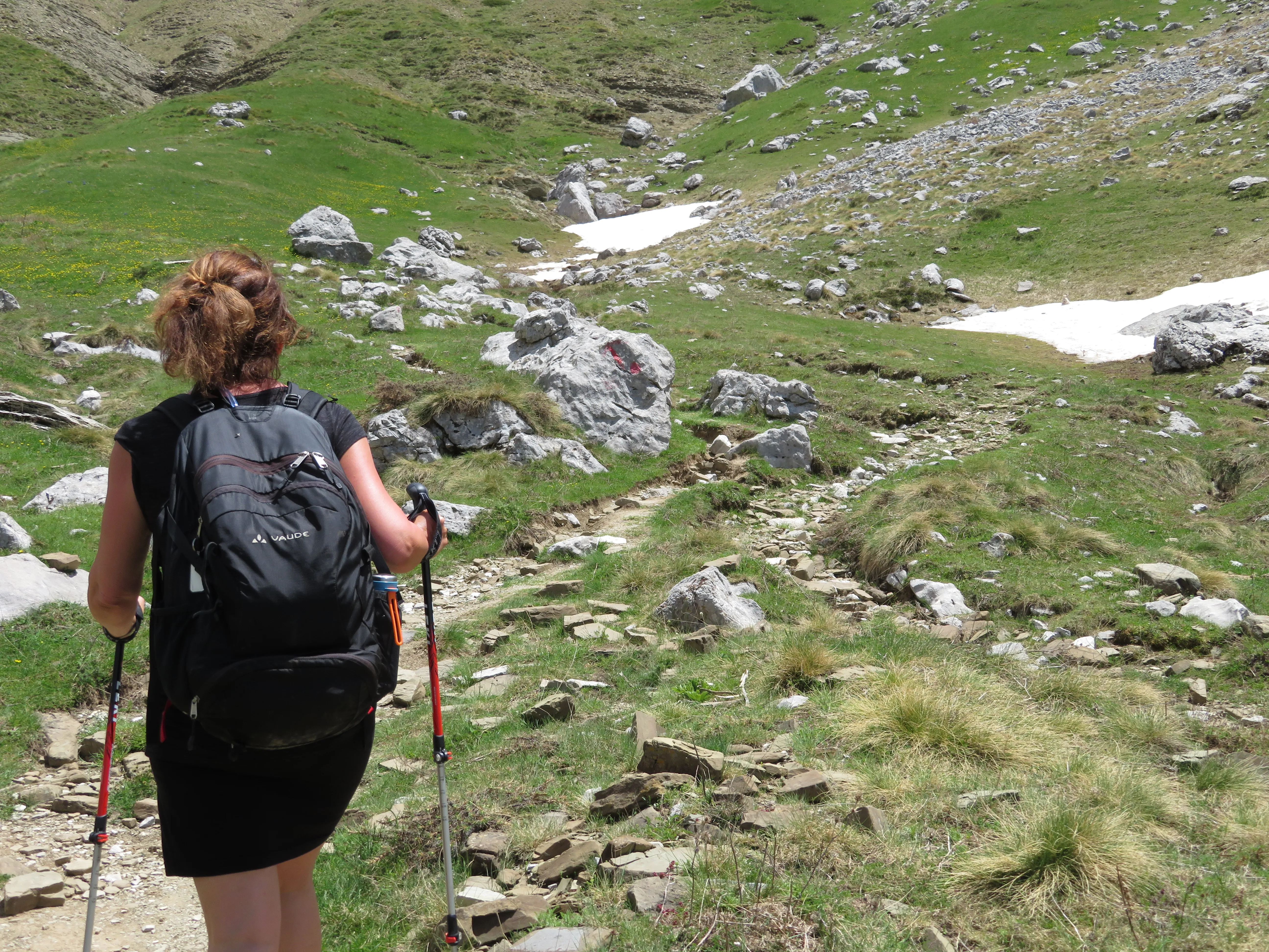 Hiker with trekking poles walking a rocky trail through green hills near Papingo, Greece.