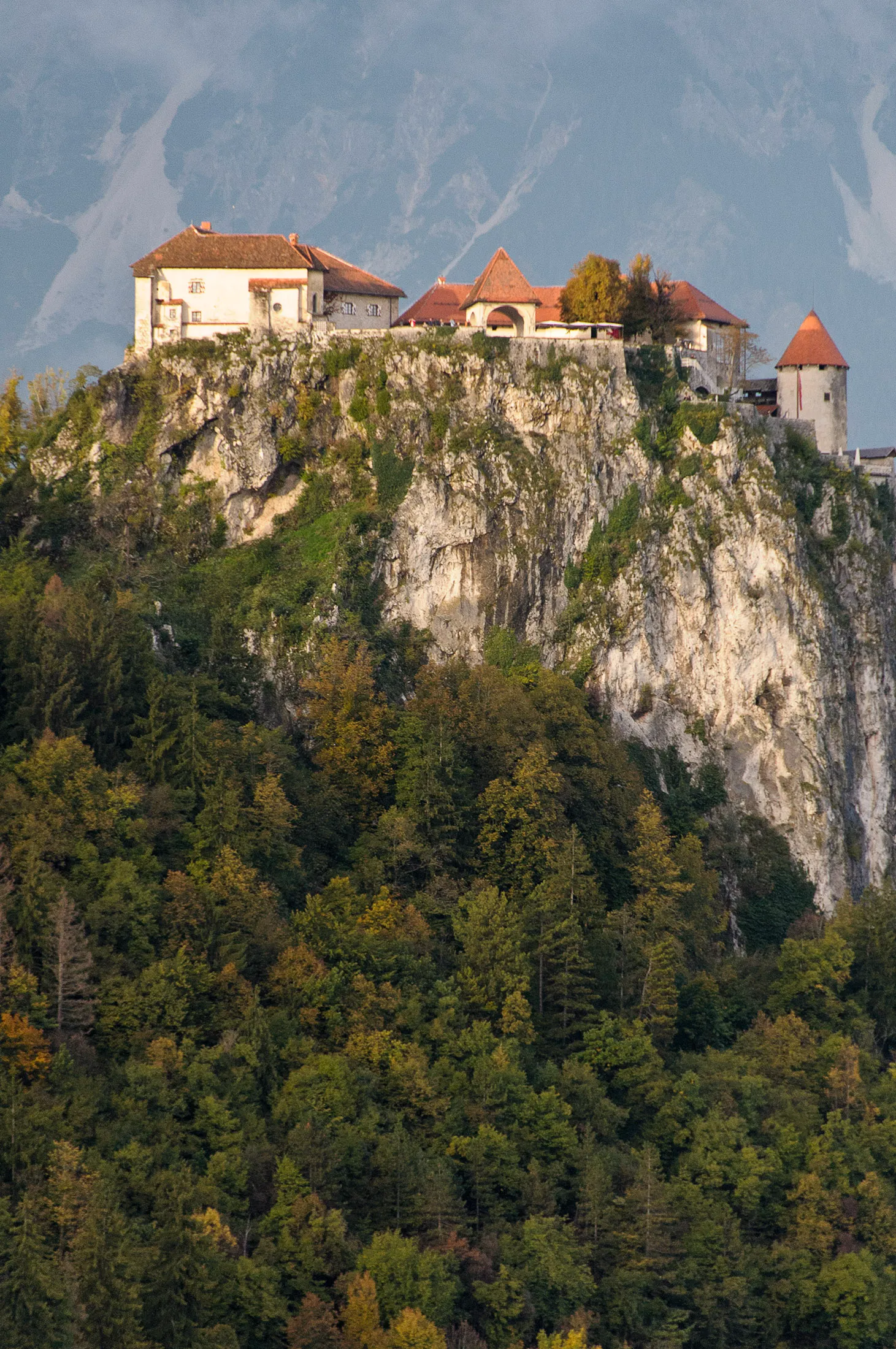 A close-up view of Bled Castle perched on a rocky cliff above the forested hills of Slovenia, with its medieval architecture standing out against the dramatic backdrop.