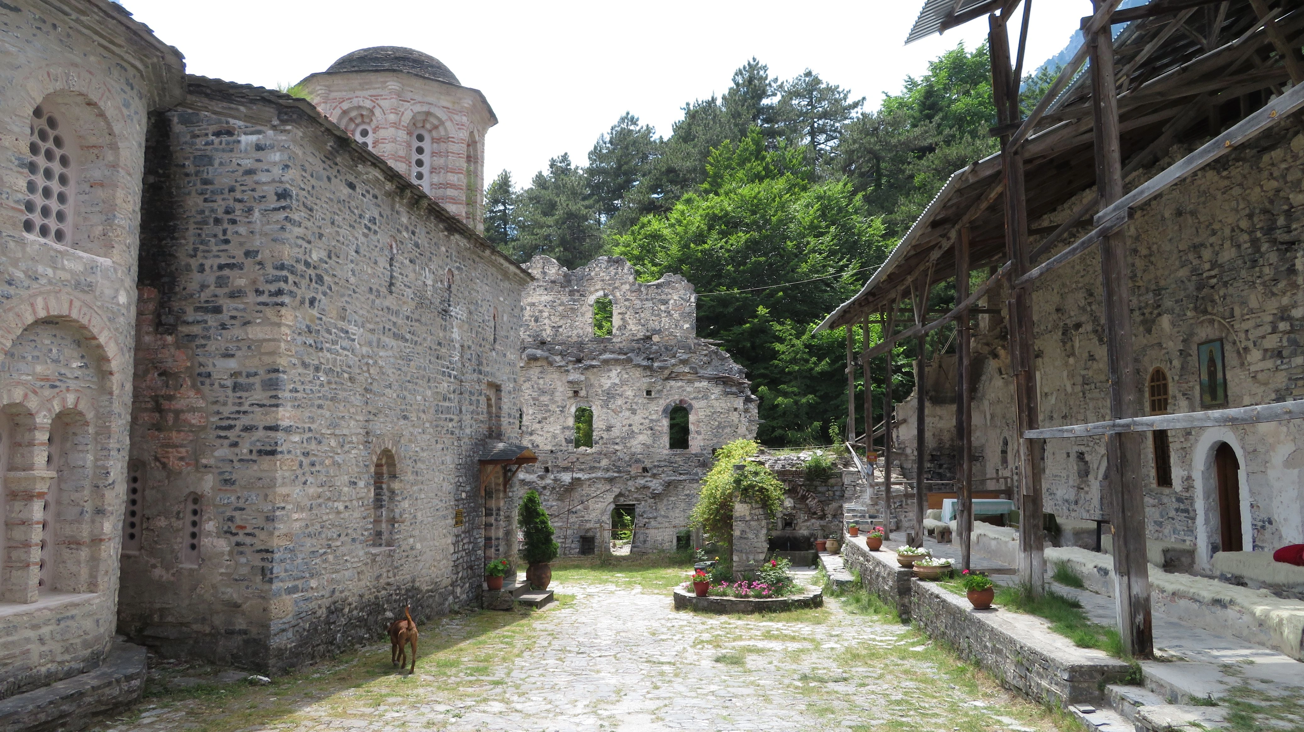 Historic Agios Dionysios Monastery ruins in the Enippeus Gorge, Mount Olympus, Greece, surrounded by lush forest.