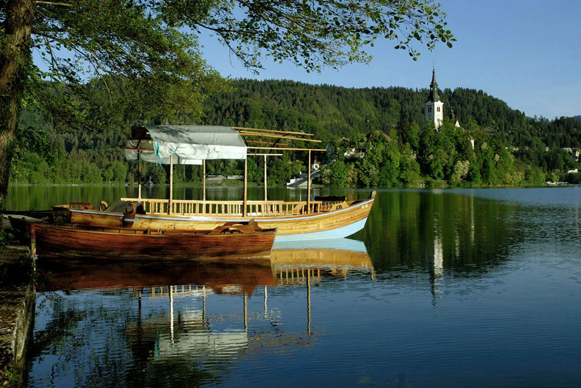 Traditional wooden boats, called Pletna, floating on Lake Bled, Slovenia, with the Church of the Assumption on Bled Island and lush forests in the background.