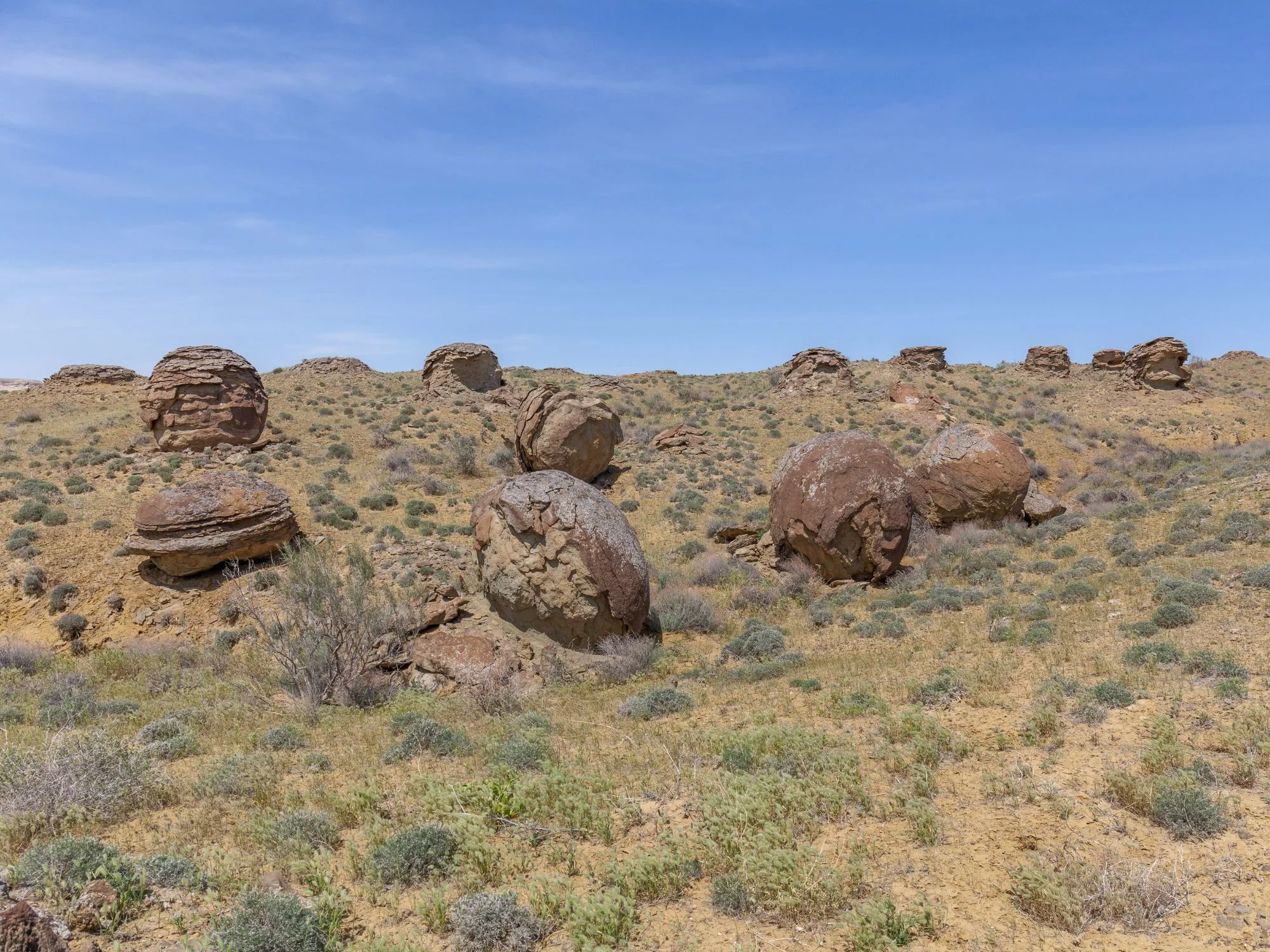 Clusters of spherical rocks on Kazakhstan’s Ustyurt Plateau reveal geological wonders from an ancient seabed.
