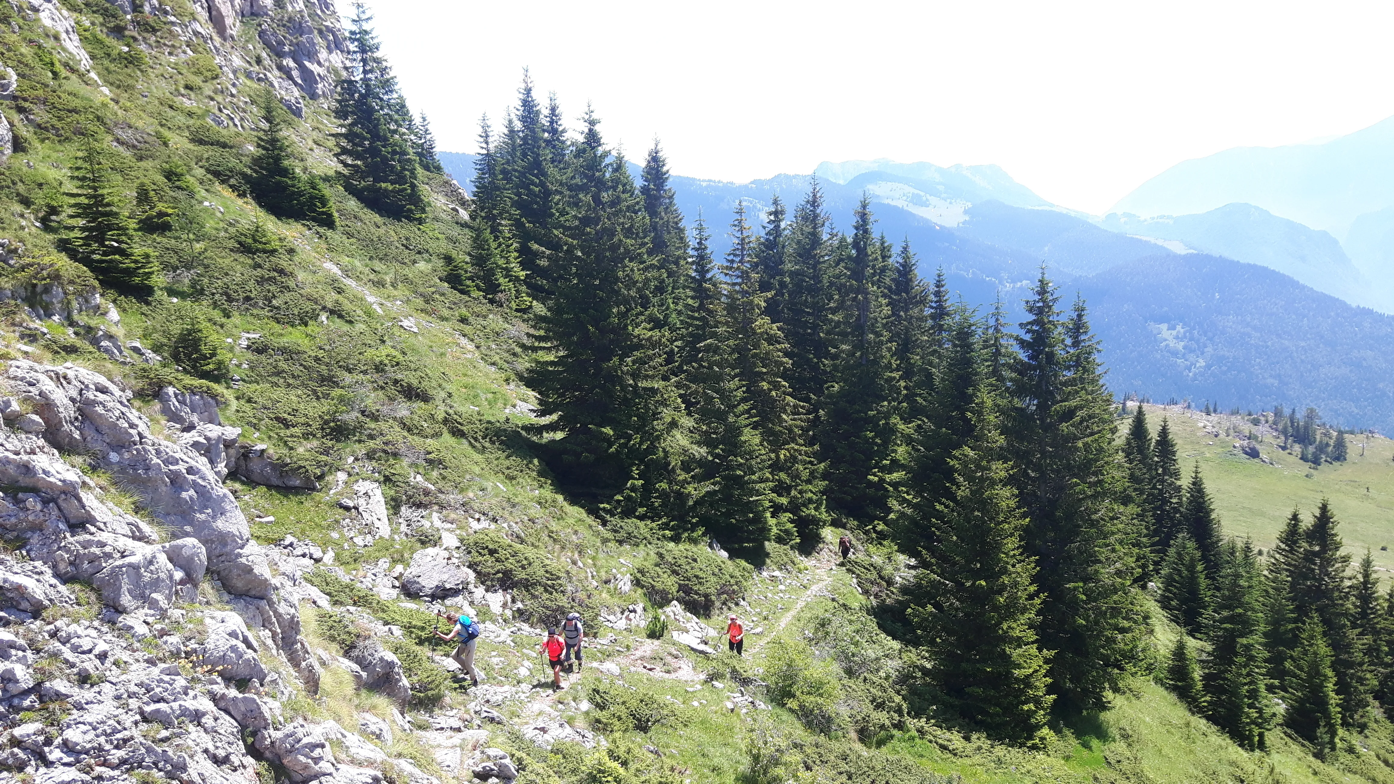 Hikers on a forested mountain trail along Kosovo’s Via Dinarica route, with sweeping views below.