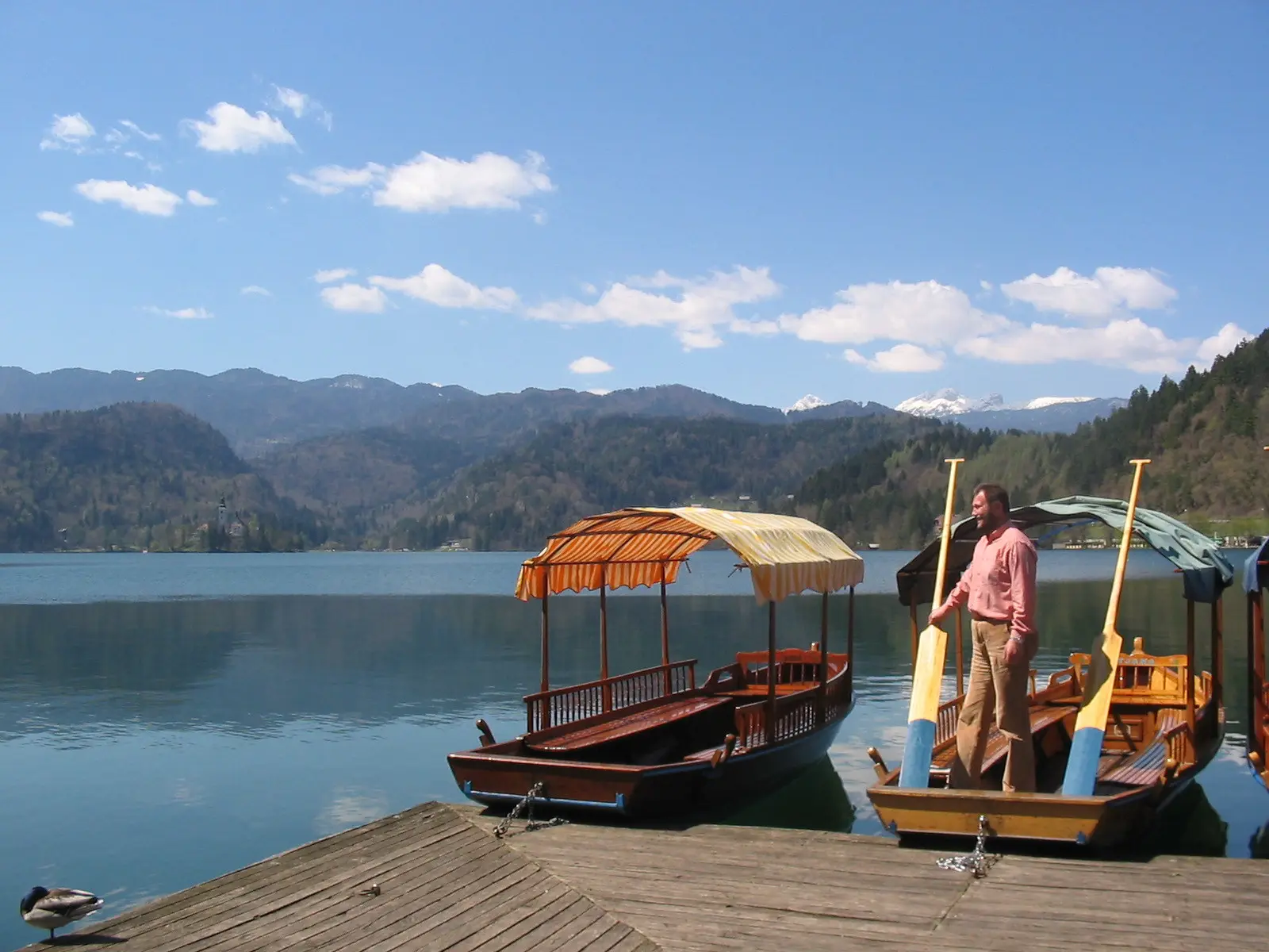 Traditional wooden boats docked at the edge of Lake Bled, with mountain views in the background.