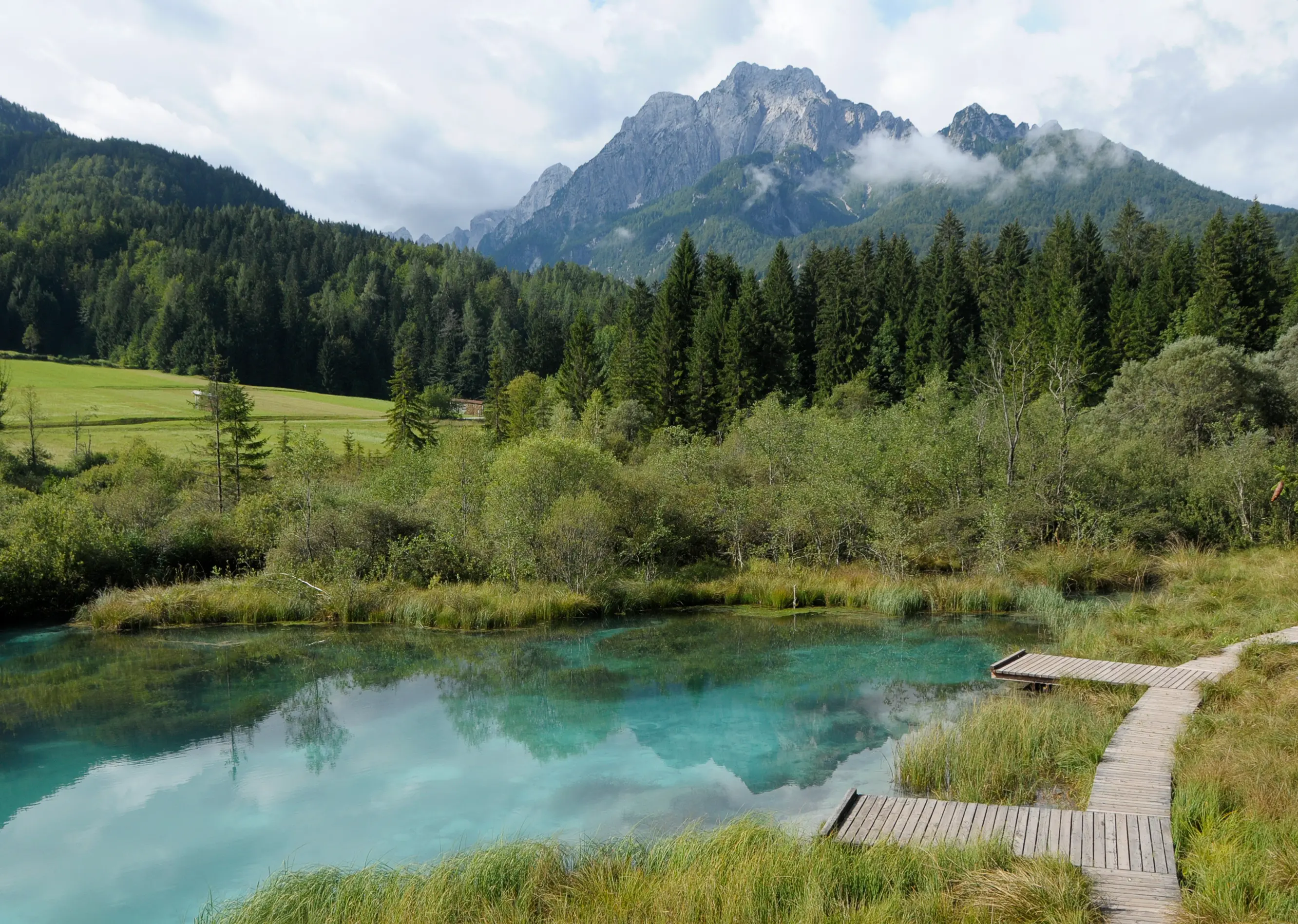 Wooden boardwalk leading to a turquoise spring, with mountains and forest forming the scenic backdrop.
