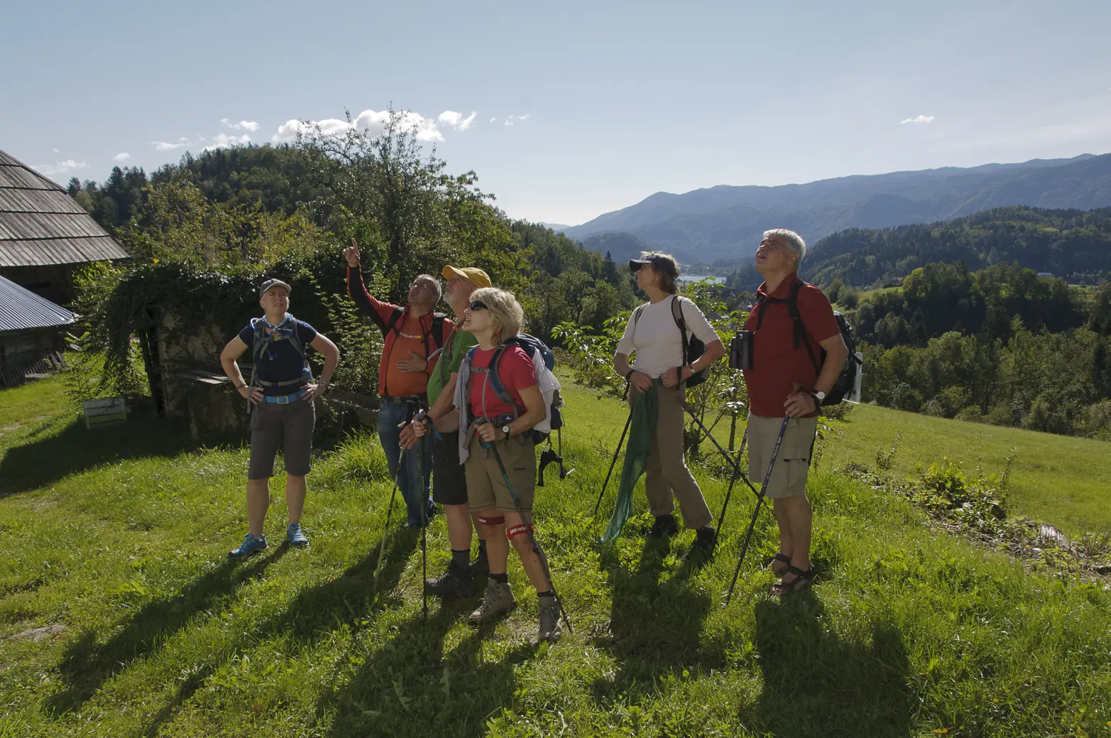 Group of hikers pausing to admire scenic views, with rolling hills, forests, and distant mountains