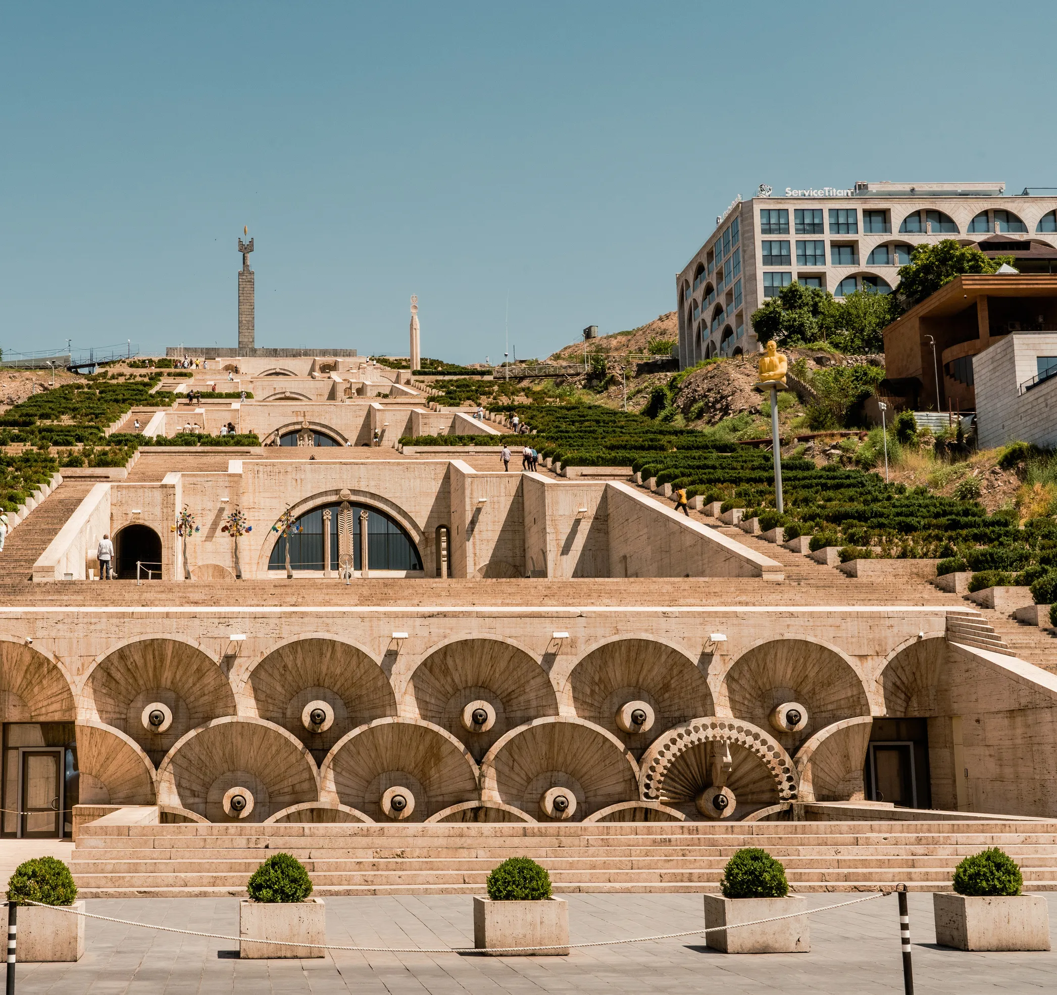 The Cascade Complex in Yerevan, Armenia, a massive limestone staircase with sculptures and gardens.