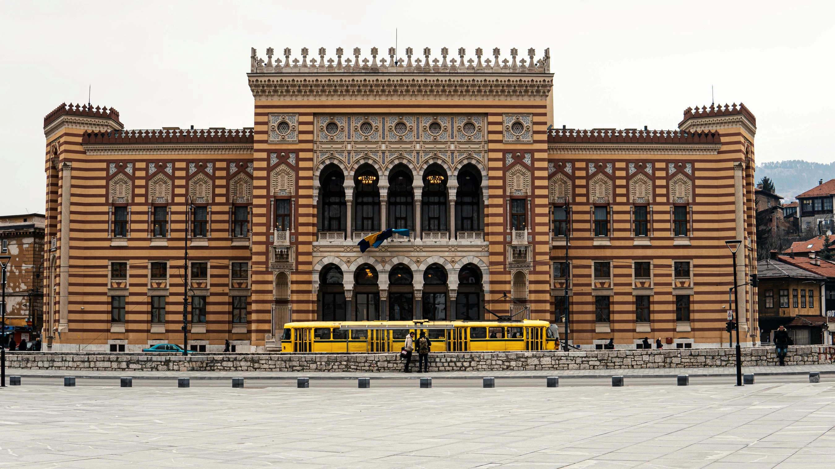 Sarajevo Town Hall, Bosnia – historic Austro-Hungarian building with bold red and yellow stripes.