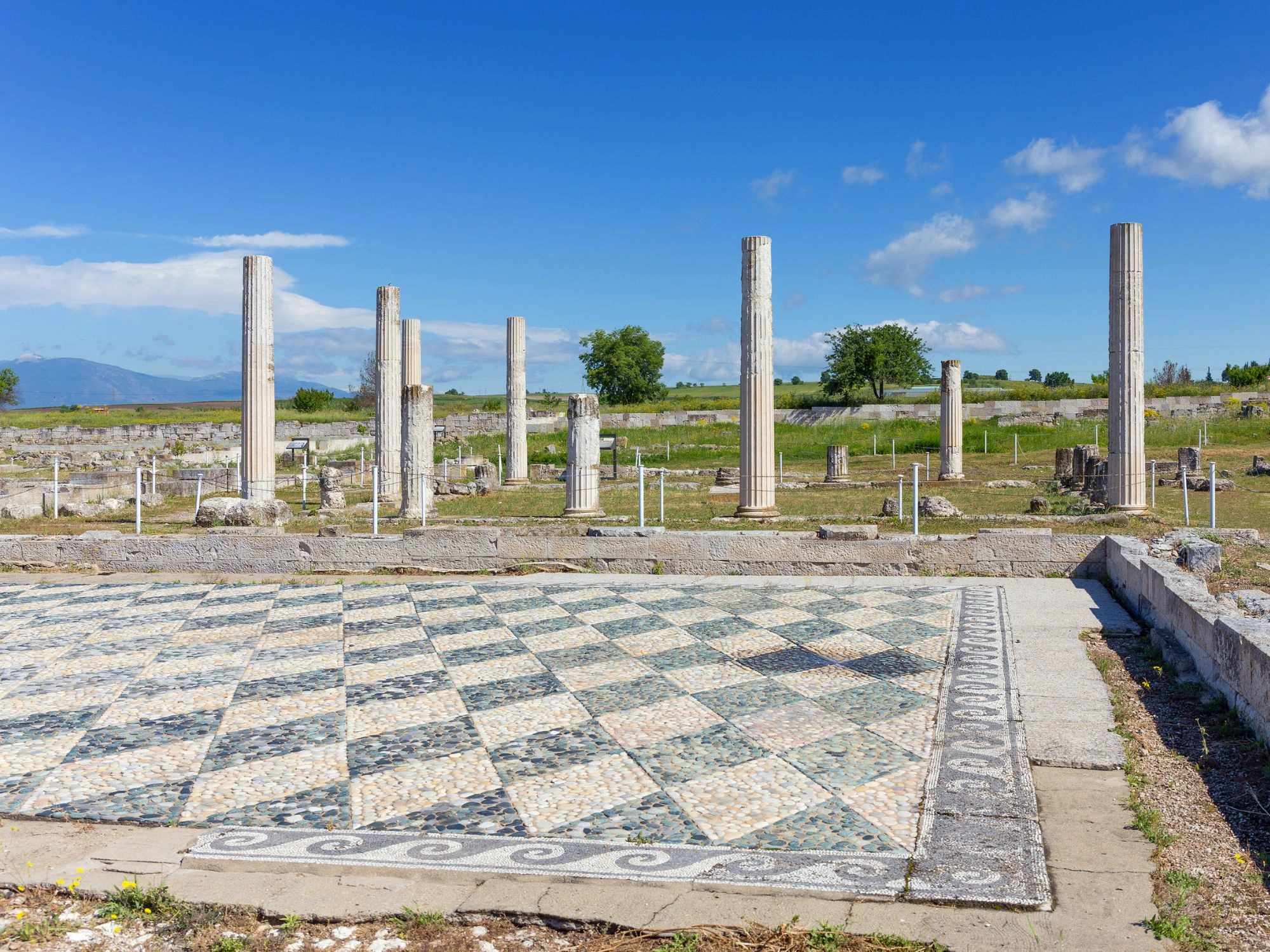 Mosaic floor and standing columns in ancient Greece Pella archaeological site under blue sky.