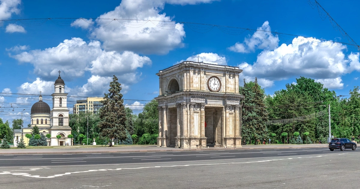 The Triumphal Arch and Nativity Cathedral in central Chișinău, Moldova