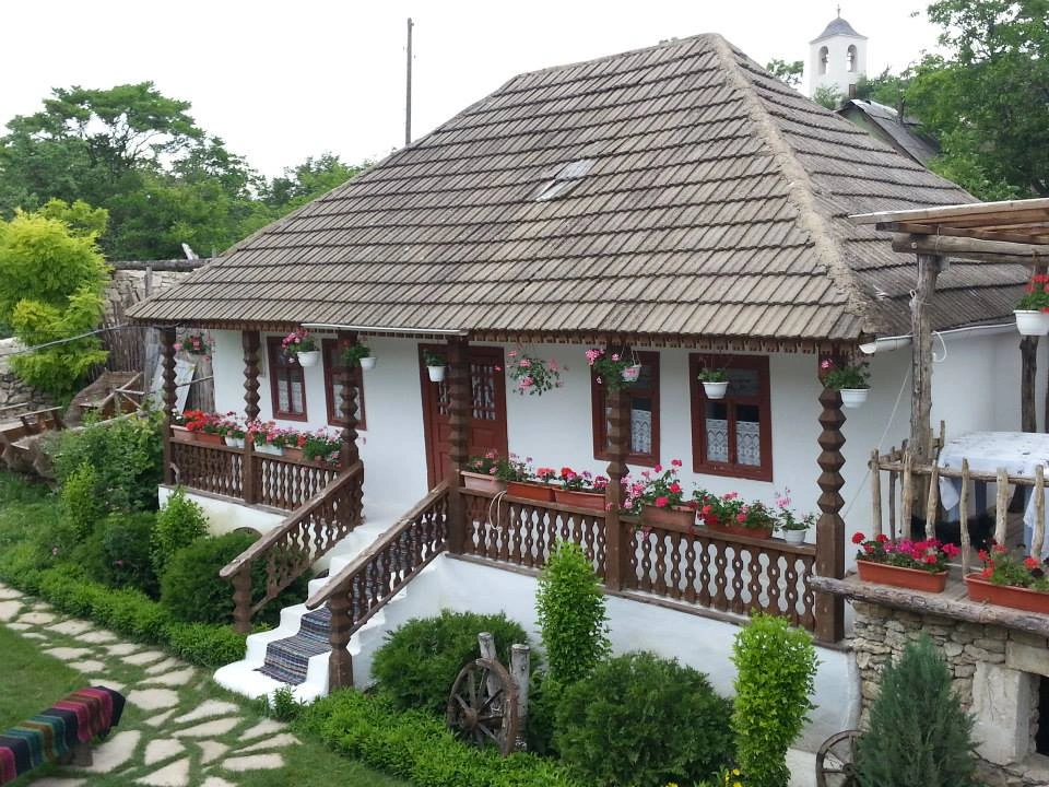 Traditional Moldovan house at Butuceni Eco Resort with wooden porch and flower pots