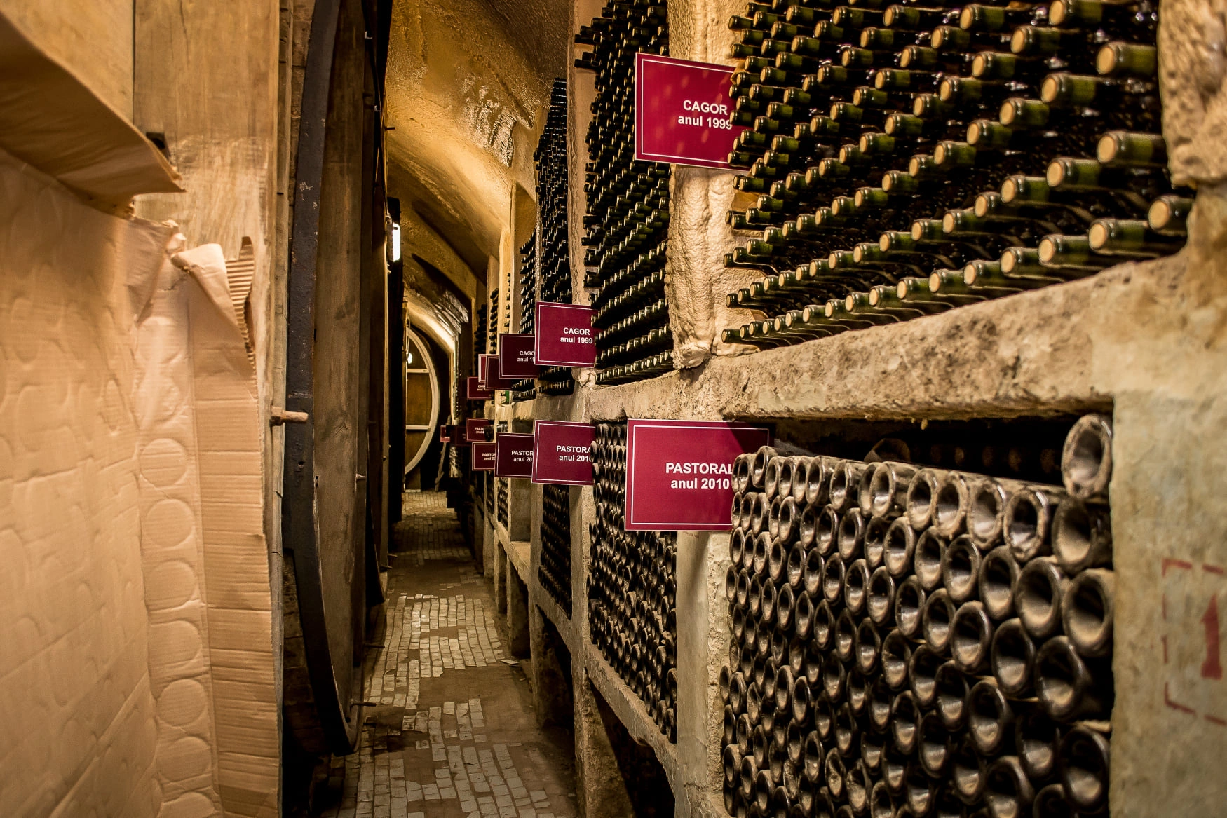 Underground wine cellar with labeled vintage bottles at Vinuri de Comrat winery