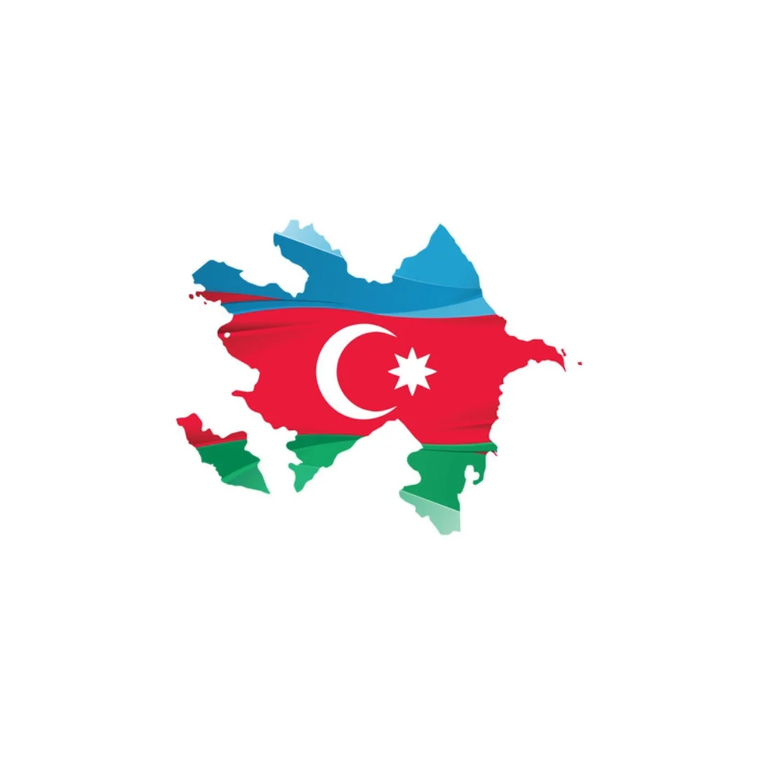 Map of Azerbaijan in national flag colors with crescent and star on red, blue, and green.