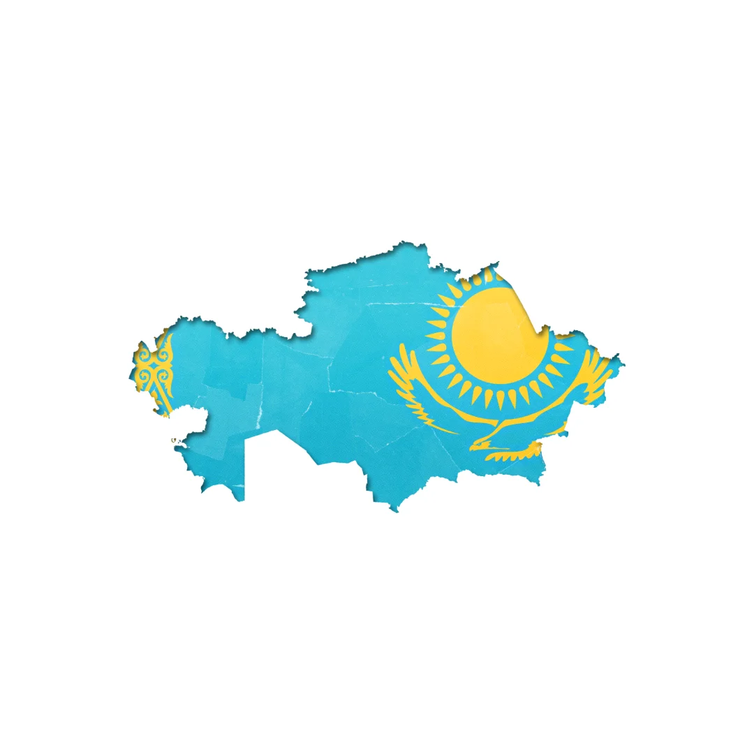 Map of Kazakhstan in blue with yellow sun, eagle, and national ornamental pattern.