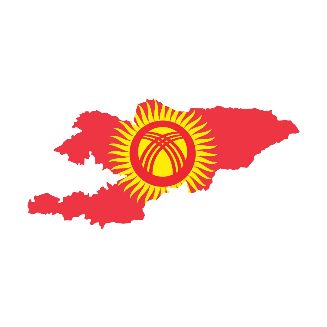 Map of Kyrgyzstan in red with yellow tunduk and sun from the national flag.