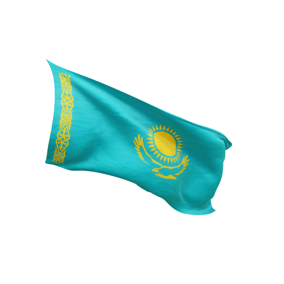 Waving Kazakhstan flag in sky blue with yellow sun and eagle design.