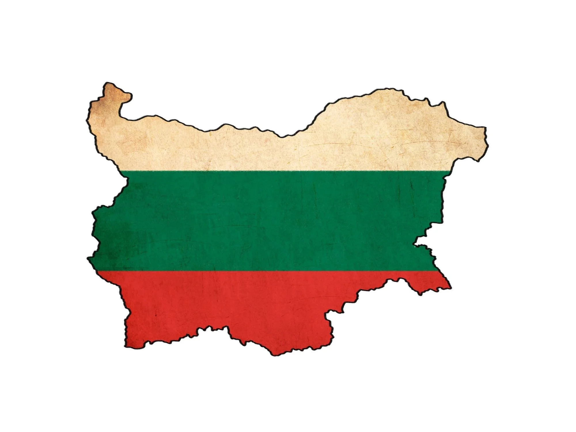 Map of Bulgaria in horizontal white, green, and red stripes of the national flag.
