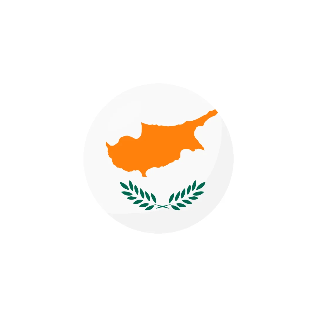 Round Cyprus flag icon with orange map and olive branches on white background.