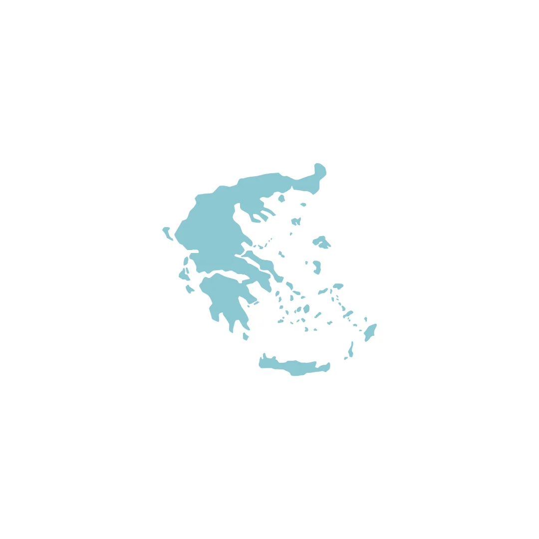 Light blue silhouette of Greece showing mainland and islands on a white background.