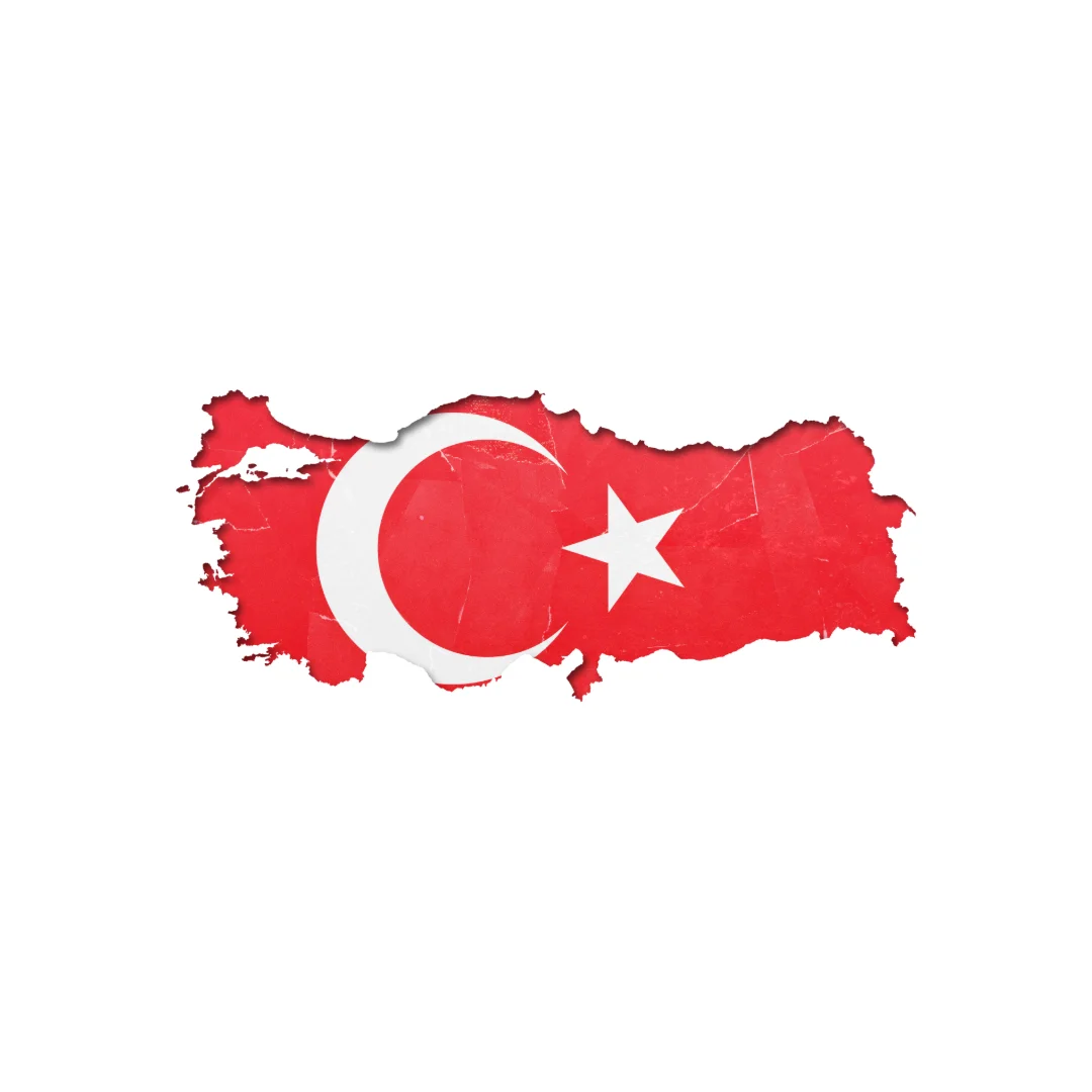 Map of Turkey with red background, white crescent moon, and star from the national flag.