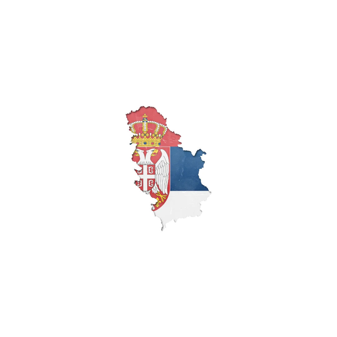 Map of Serbia in red, blue, and white with national coat of arms and crown.