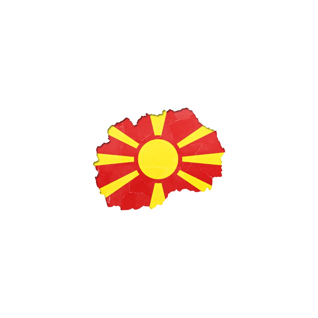 Map of North Macedonia in red with a yellow sun and rays design from its national flag.