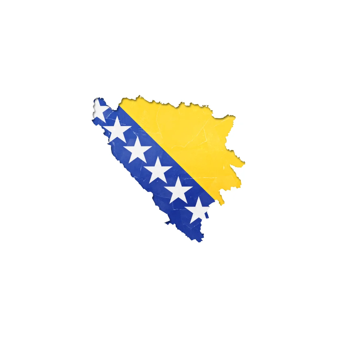 Map of Bosnia with yellow and blue flag colors and white stars in diagonal stripe.