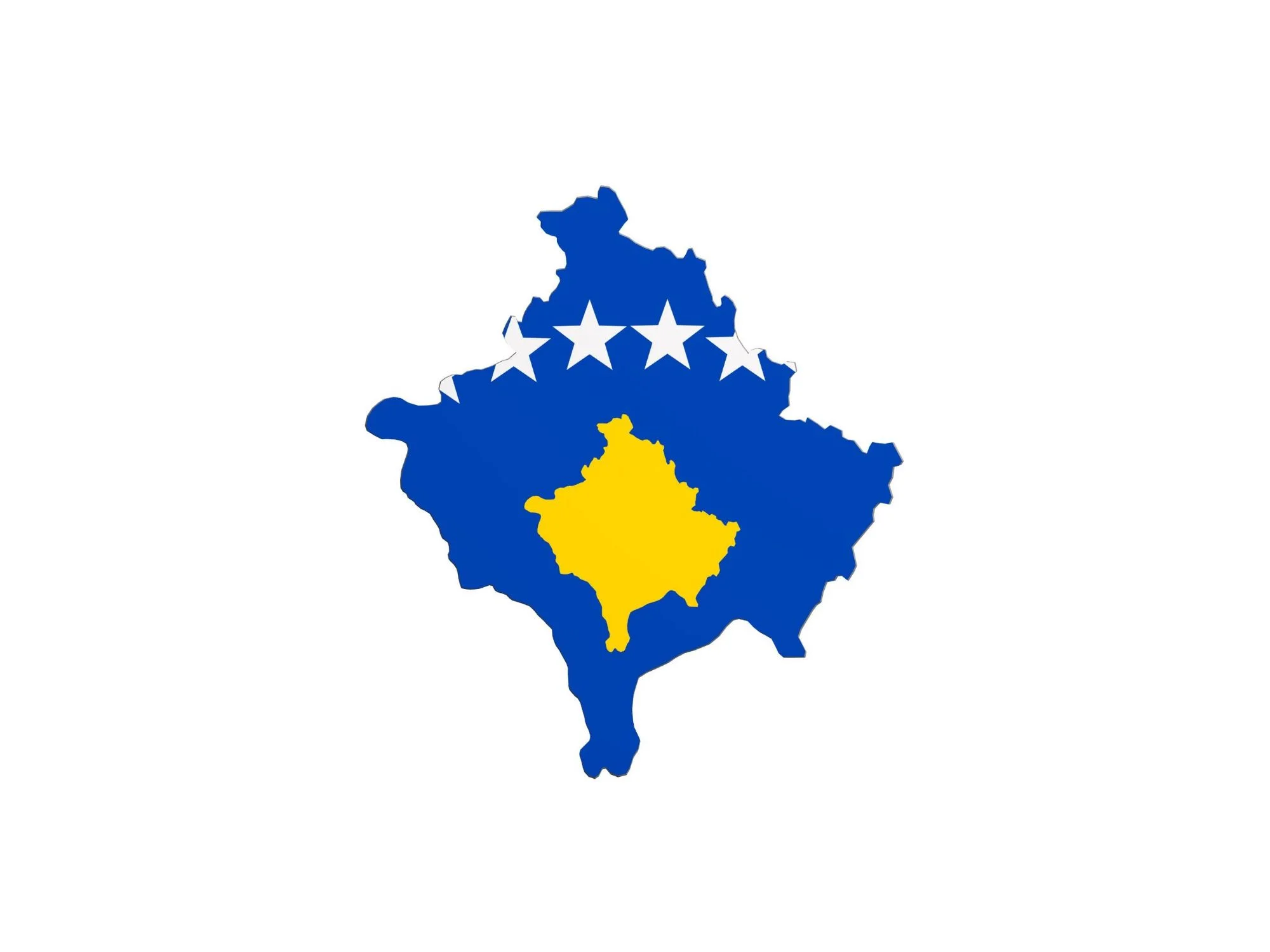 Map of Kosovo in blue with six white stars and a yellow silhouette of the country.