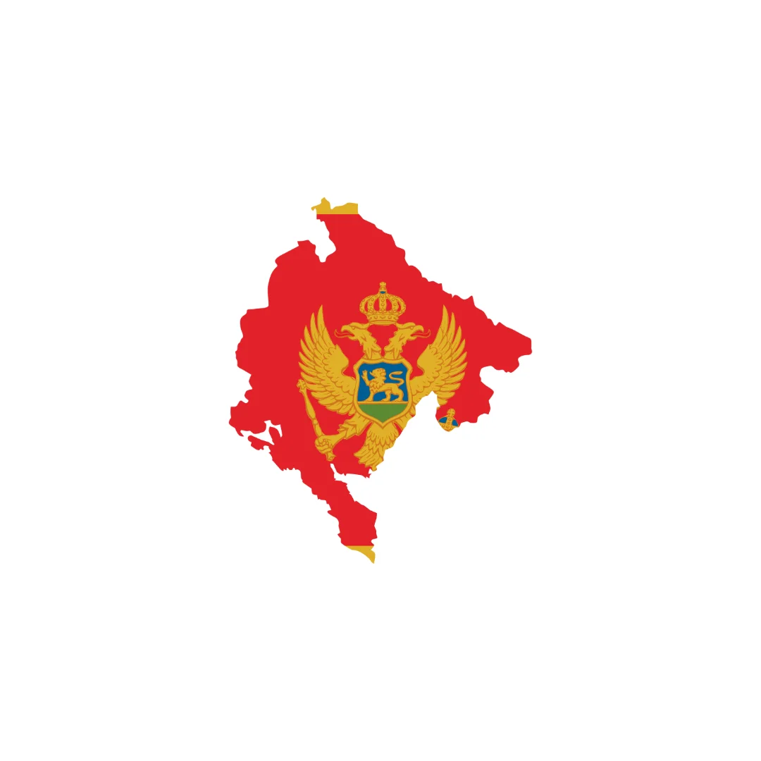 Map of Montenegro in red with golden two-headed eagle and royal emblem in the center.