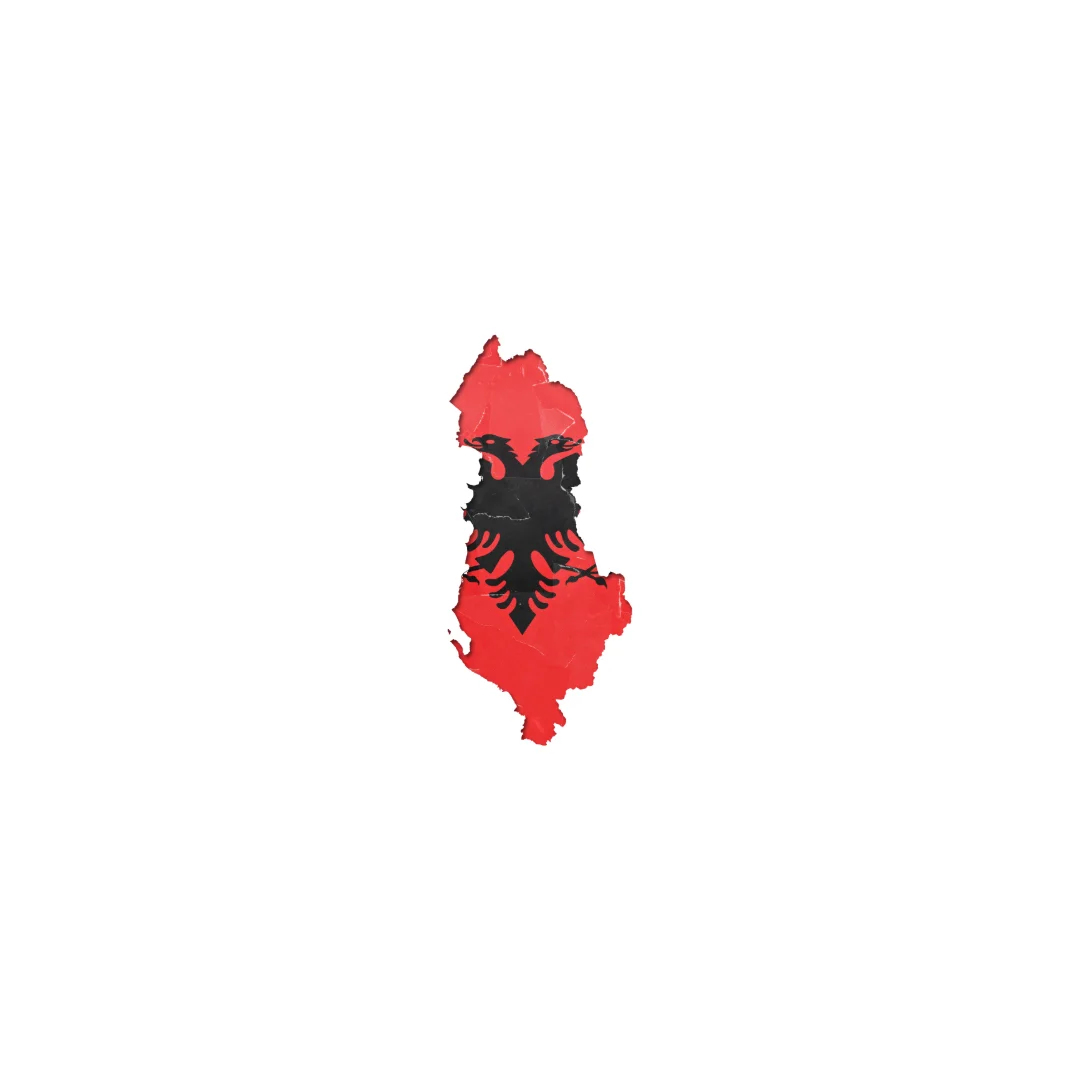 Map of Albania in red with black double-headed eagle from the national flag.
