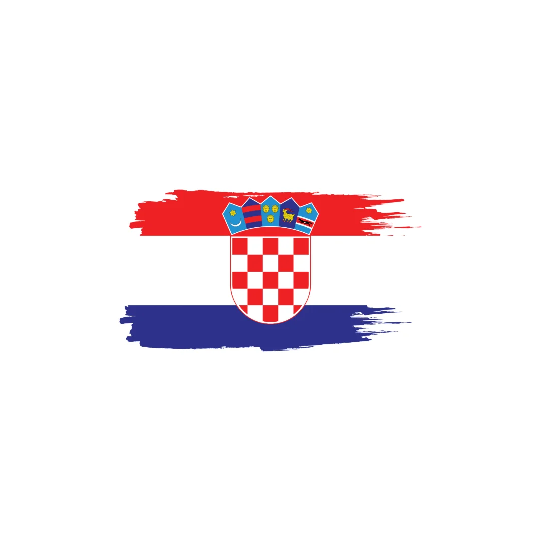 Croatia flag with red, white, and blue brush strokes and the national coat of arms in the center.