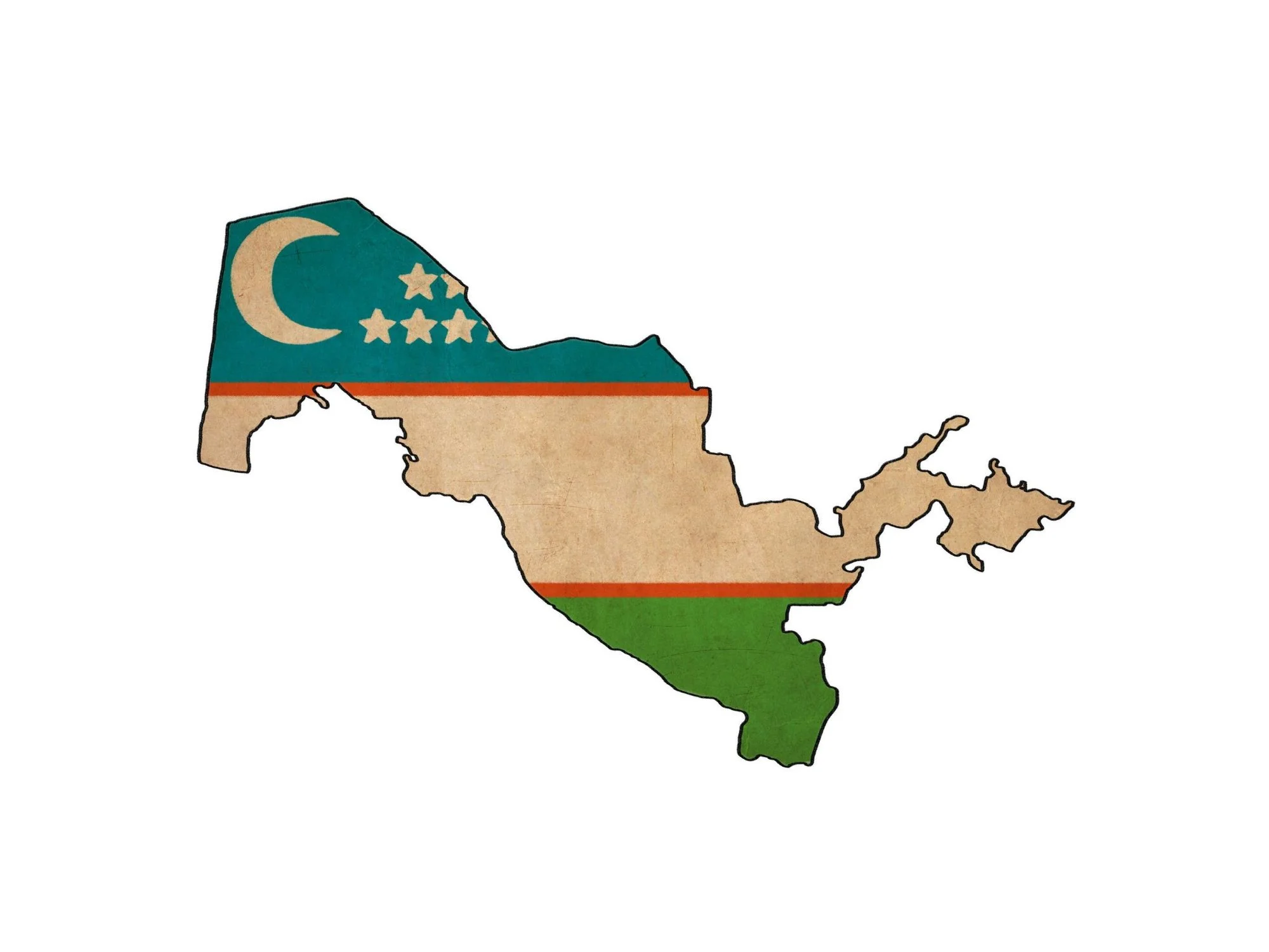 Map of Uzbekistan with flag elements—crescent moon, stars, and blue, white, and green stripes.