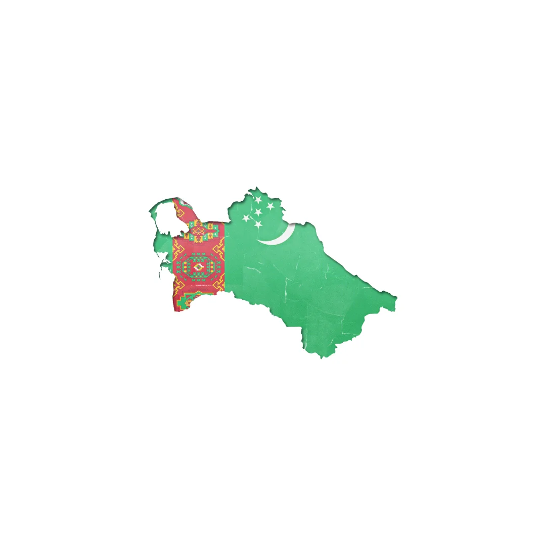 Map of Turkmenistan featuring green flag color, crescent moon, stars, and traditional carpet pattern.
