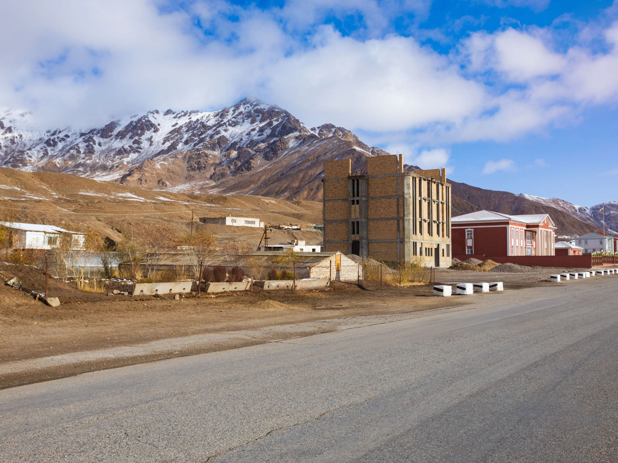 Small town of Murghab with low buildings and snowy mountains in the background.