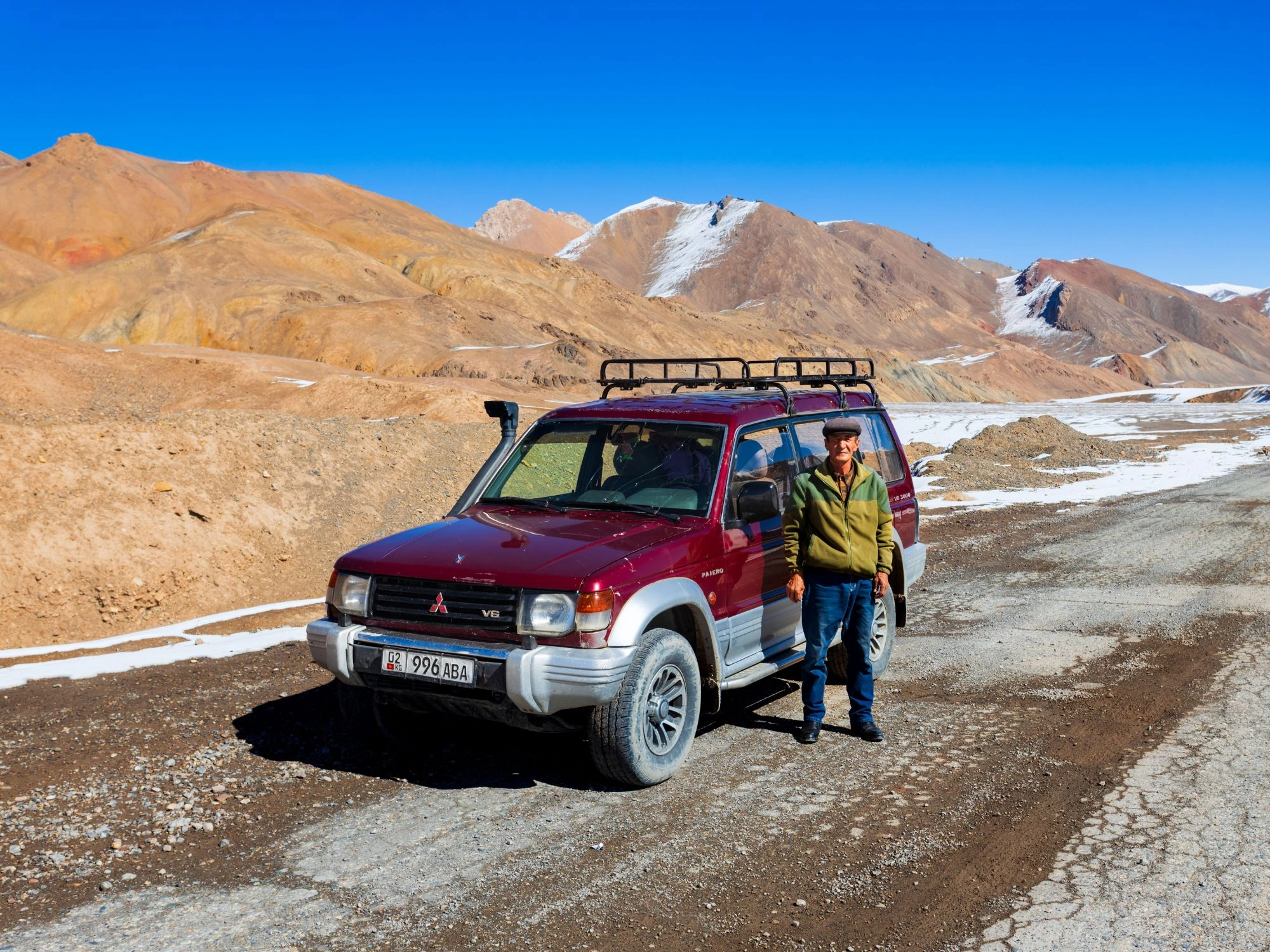 Driver and SUV on the remote Pamir Highway in Tajikistan with arid, snow-dusted mountain backdrop.