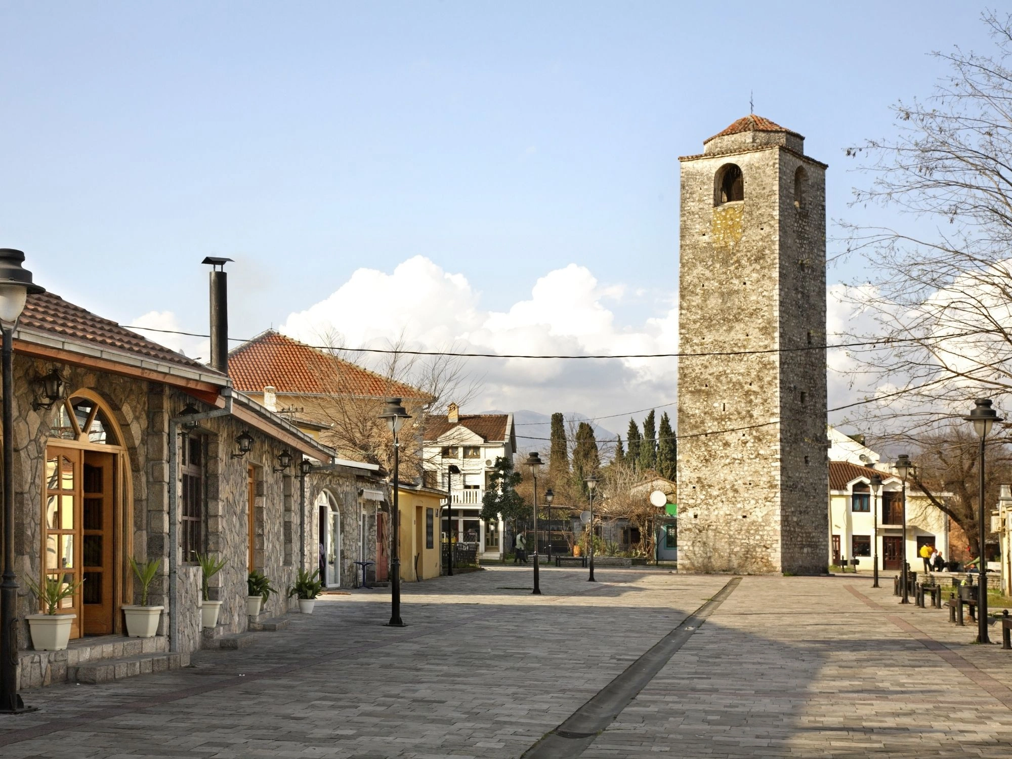 Ottoman-era Clock Tower in Old Town Podgorica, Montenegro, on a sunny day.