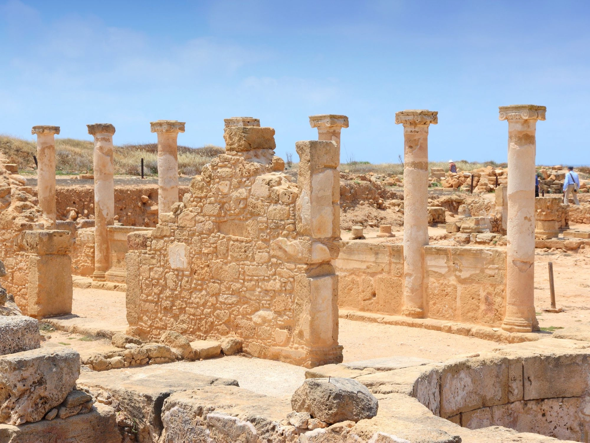 Ancient ruins and standing columns in the Paphos Archaeological Park, Cyprus.