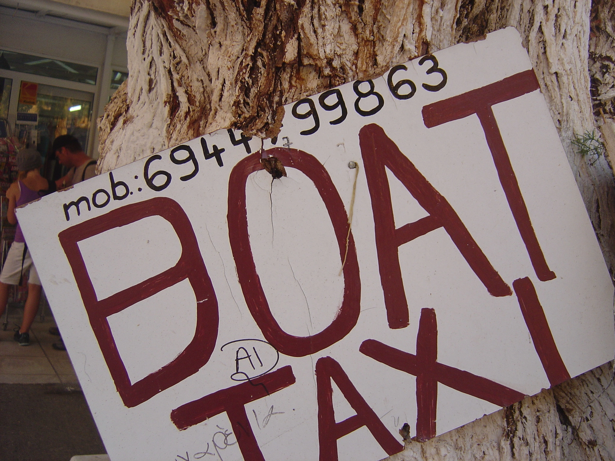 Hand-painted “Boat Taxi” sign nailed to a tree in a sunny Greek coastal town.
