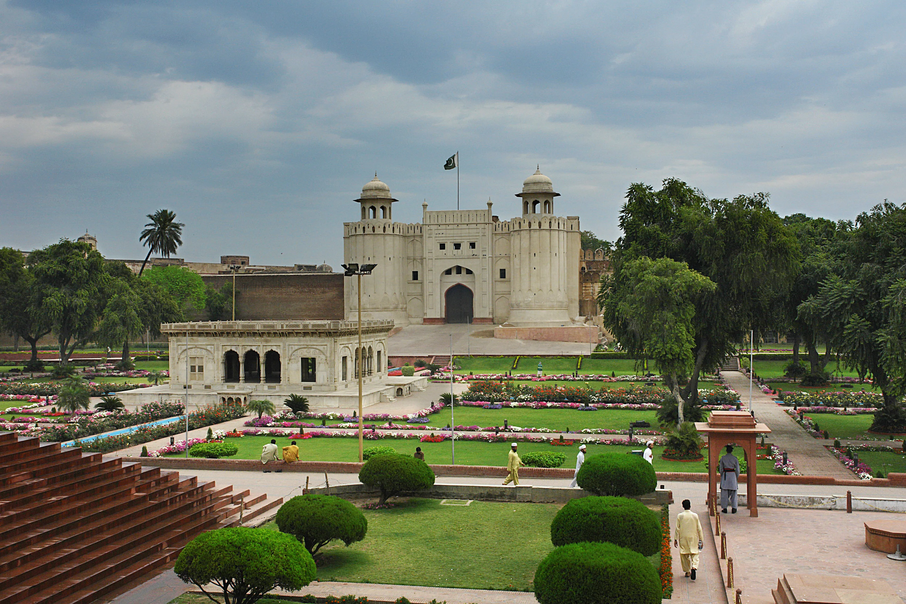 Lahore Fort gardens and Alamgiri Gate, historic Mughal fort in Lahore Pakistan.