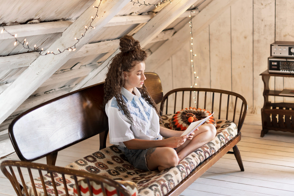 Cozy reading nook under stairs