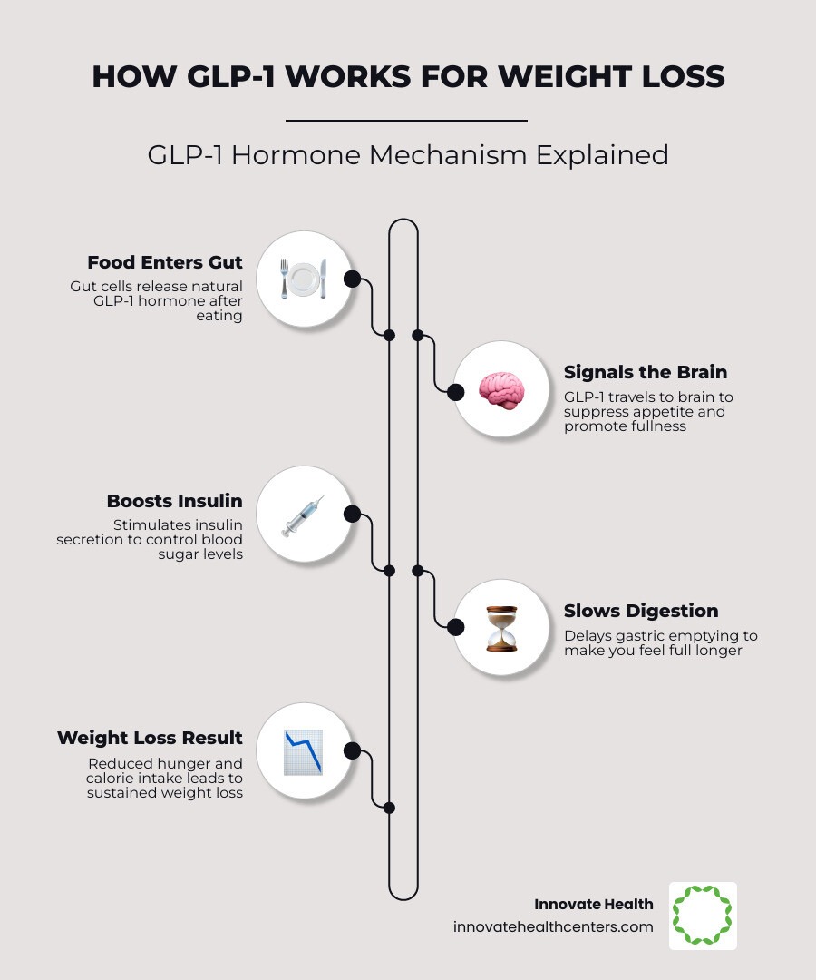 Infographic showing GLP-1 hormone mechanism: gut release, brain signaling, insulin boost, appetite suppression, and weight