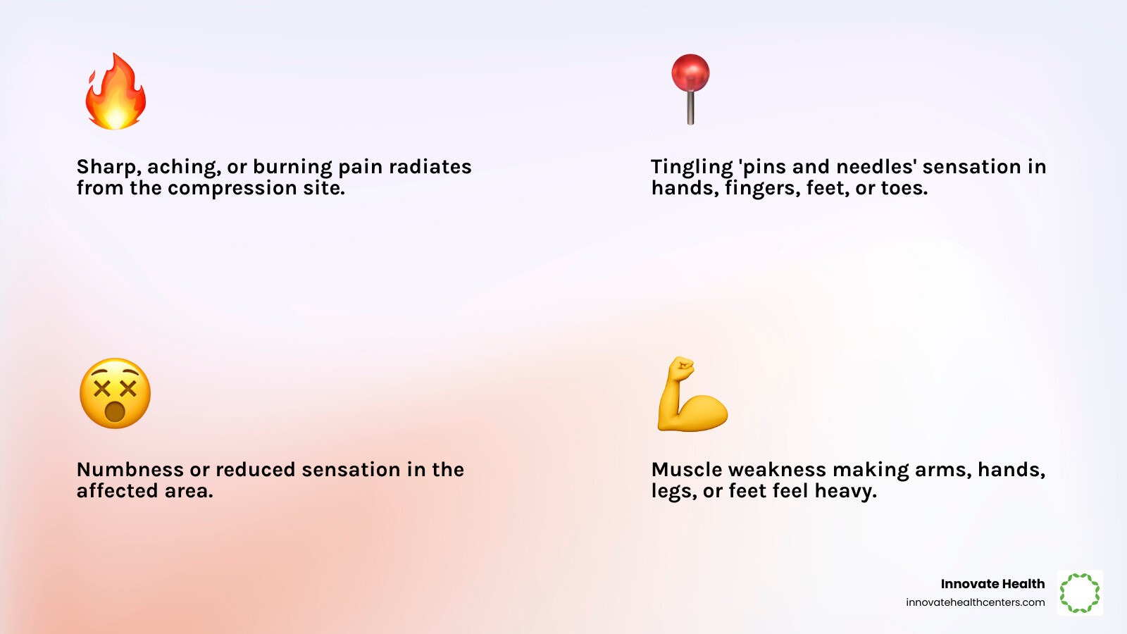 Common pinched nerve symptoms infographic showing pain, tingling, numbness, weakness by body location - pinched nerve