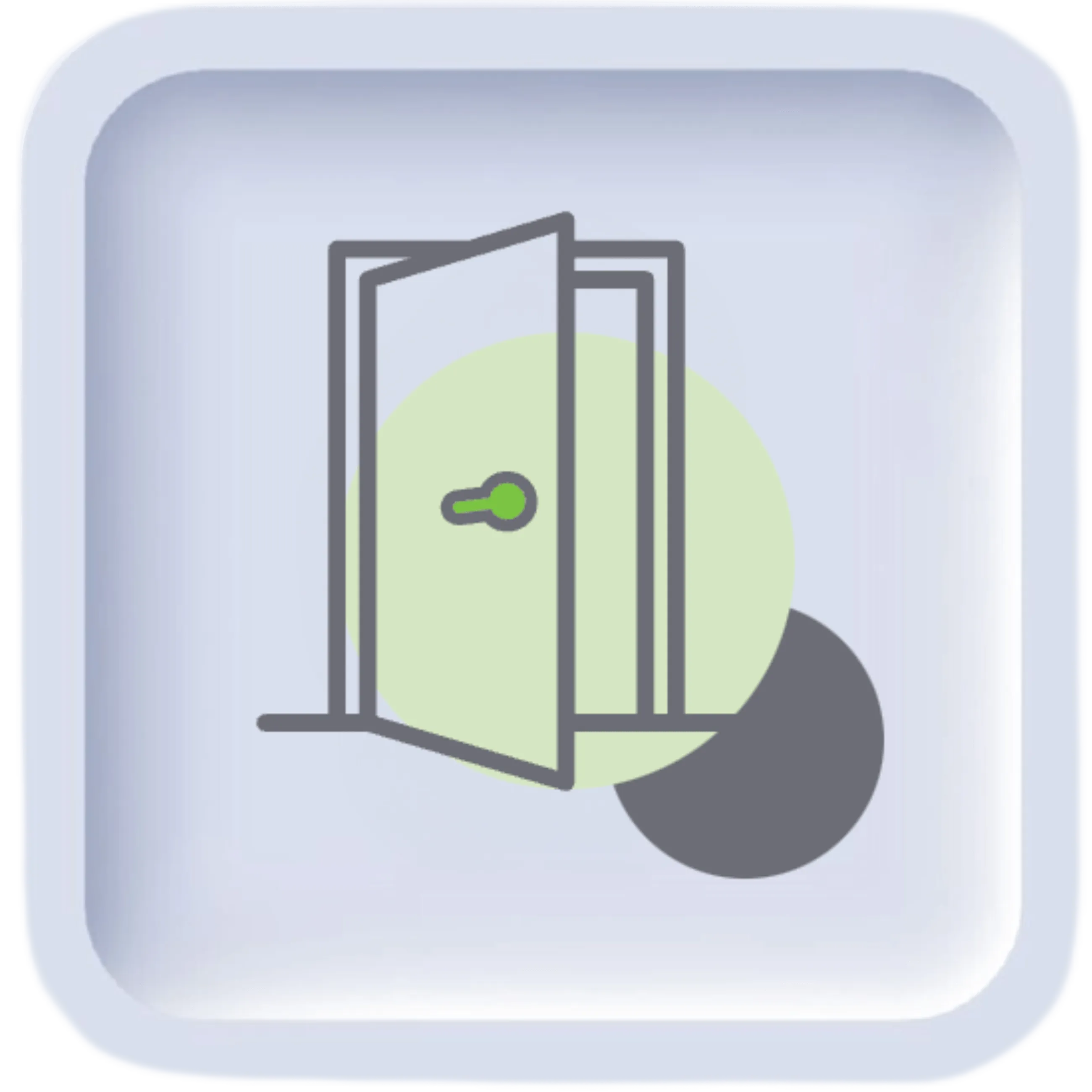 A white square with a green door and a black ball