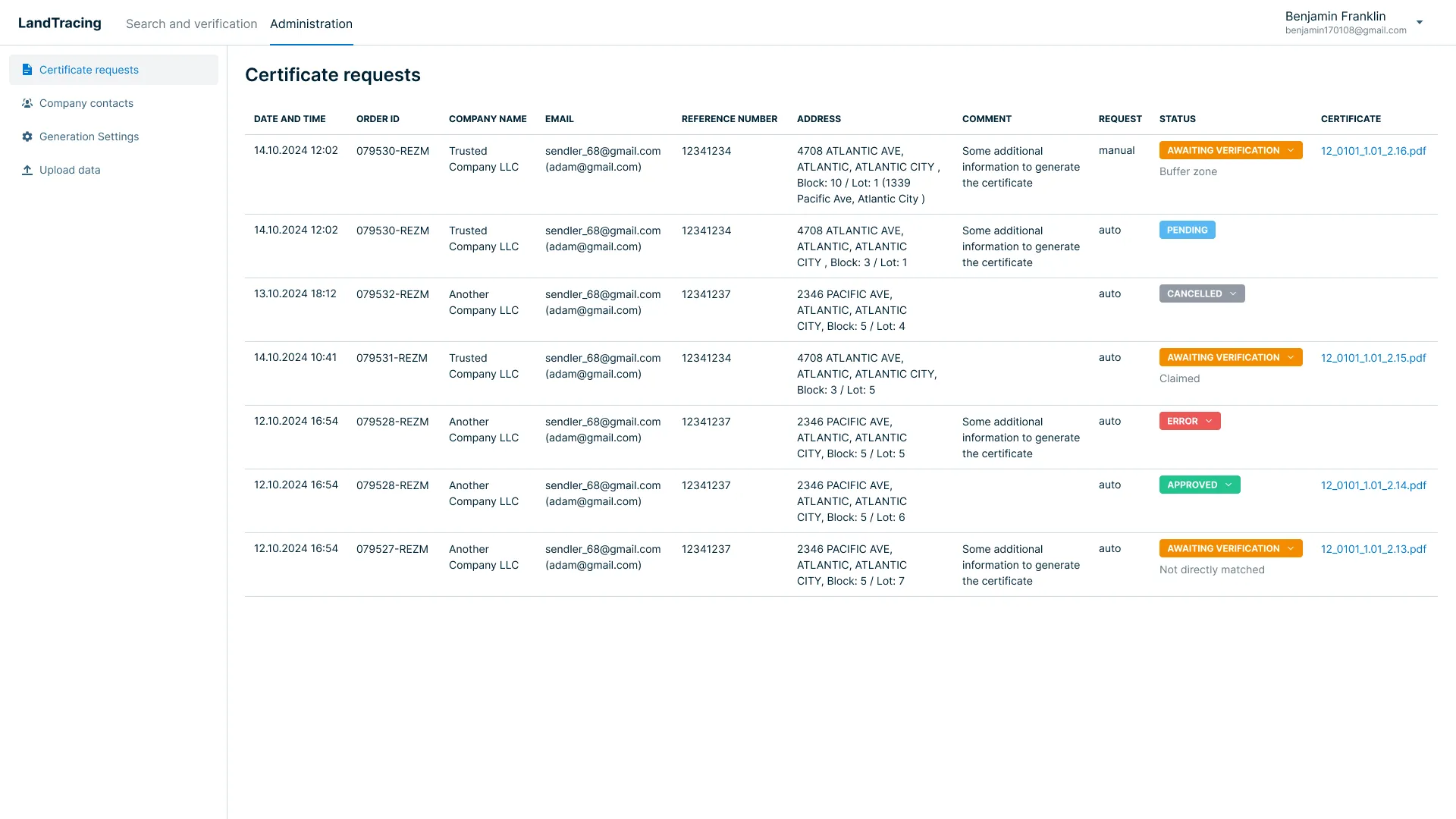 List of certificates in Admin panel