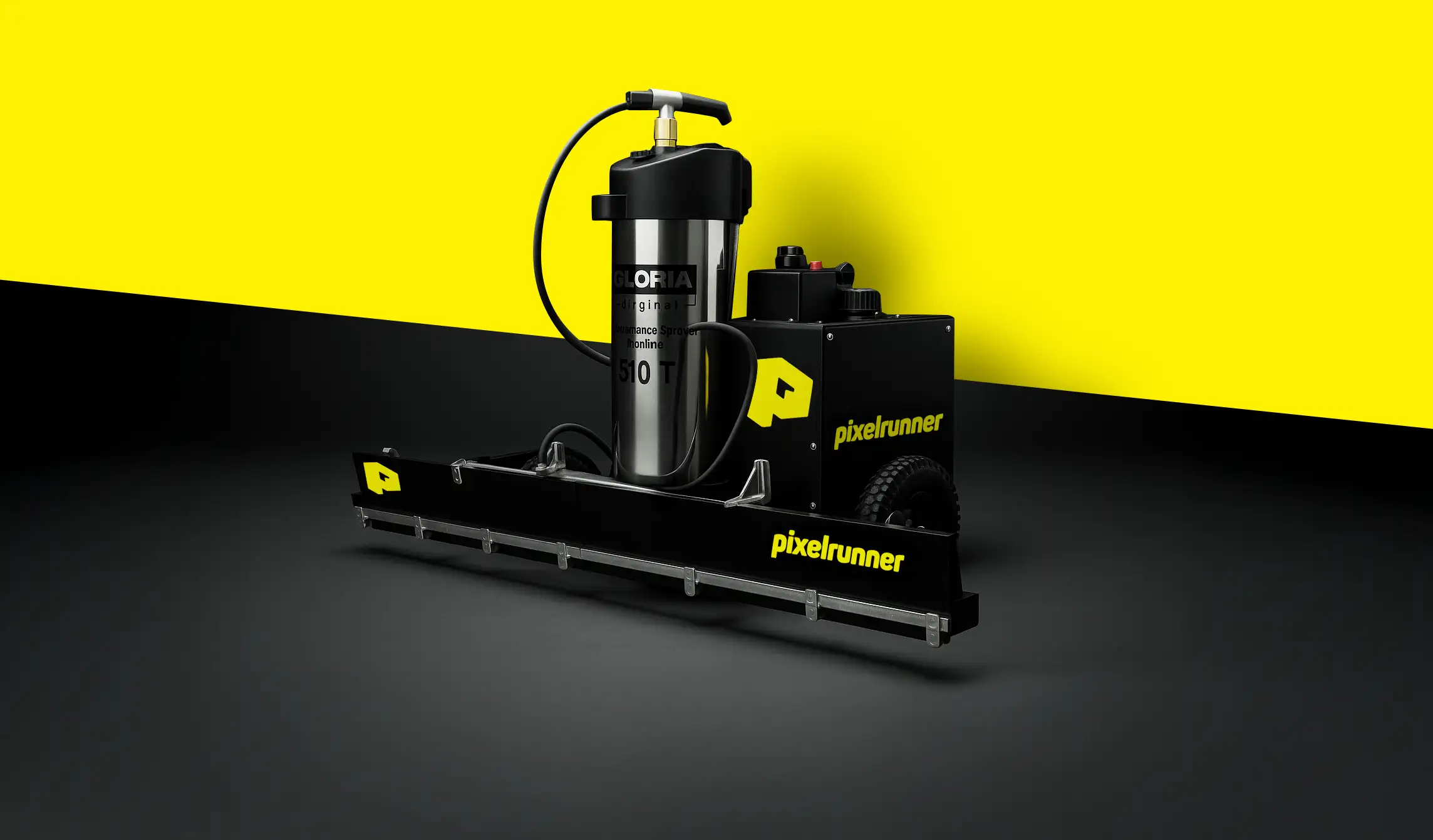Side view of the Pixelrunner landscape printer, against a bold yellow and black background.